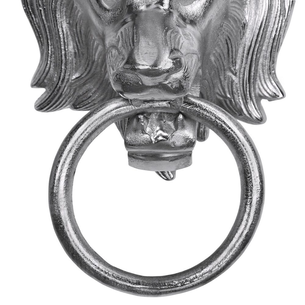 WOMO-DESIGN Handtuchhalter Designer Löwenkopf Handtuchring Türklopfer Löwe Lion Wandfigur, Aluminium vernickelt Unikat Silber 10x31cm