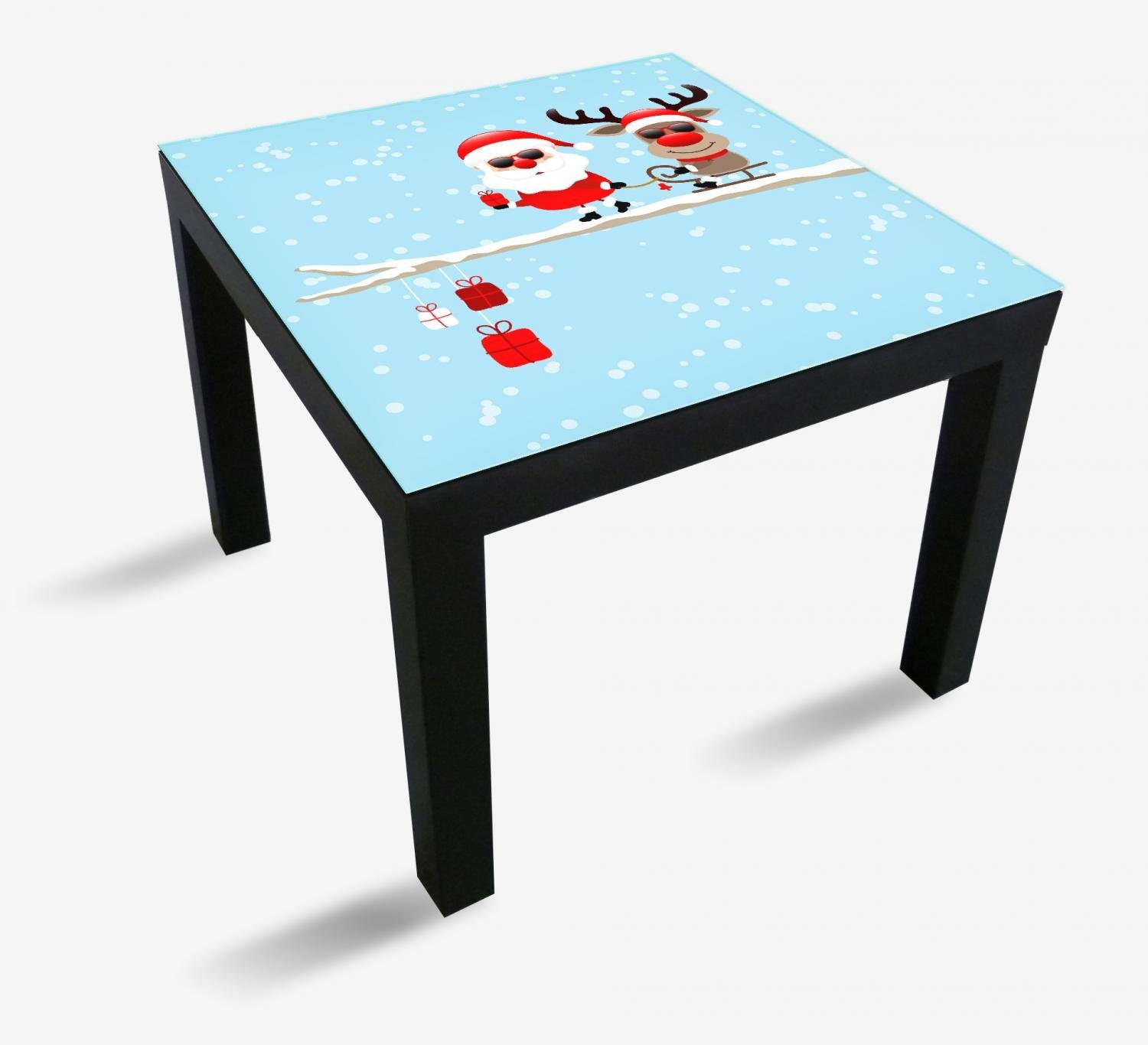 Wallario Tischplatte Cooler Weihnachtsmann mit Rentier auf einem Ast (1 St), für Ikea Lack Tisch geeignet