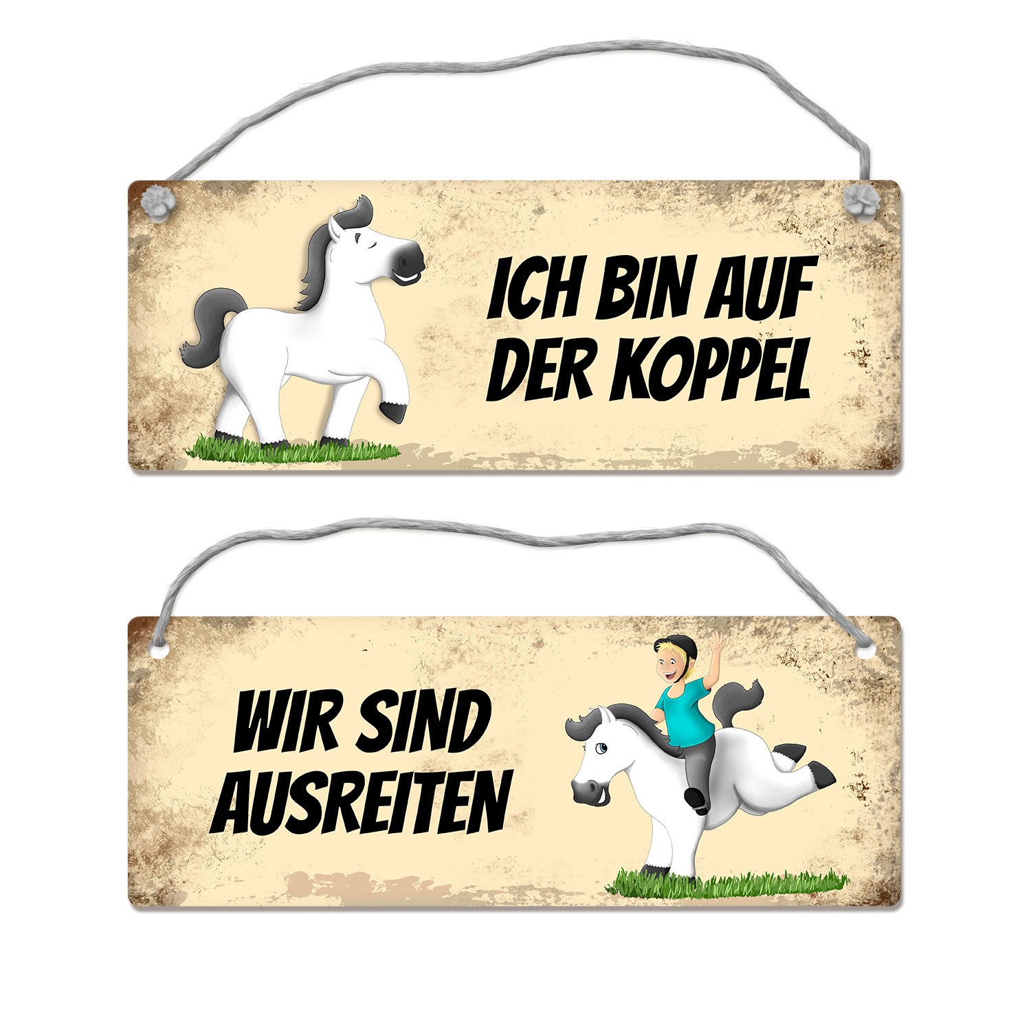 Metallschild Weißes Pferd ist ausreiten oder auf der Koppel Wendeschild mit Kordel