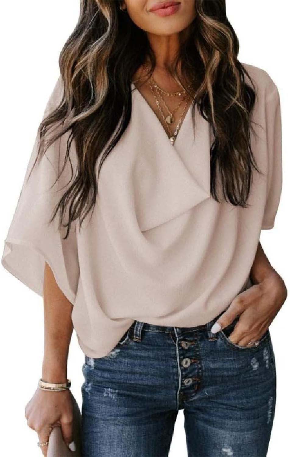 FIDDY Chiffonbluse Sommer 3/4 ausgestellte Ärmel Chiffon Blusen Tops Drape Front Rüschen