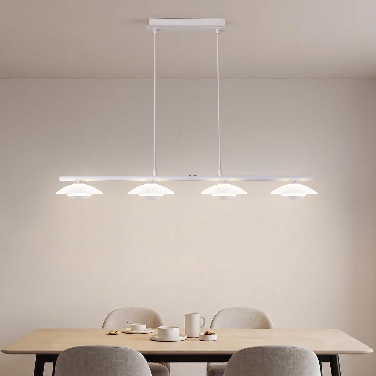 BlingBin LED Pendelleuchte Esstisch Hängelampe 3 Flammig mit Glas, elegante Sandweiß 17W, Eckig-4Flammig, LED fest integriert, Höhenverstellbar Pendelleuchte- f – Bild 3 von 5