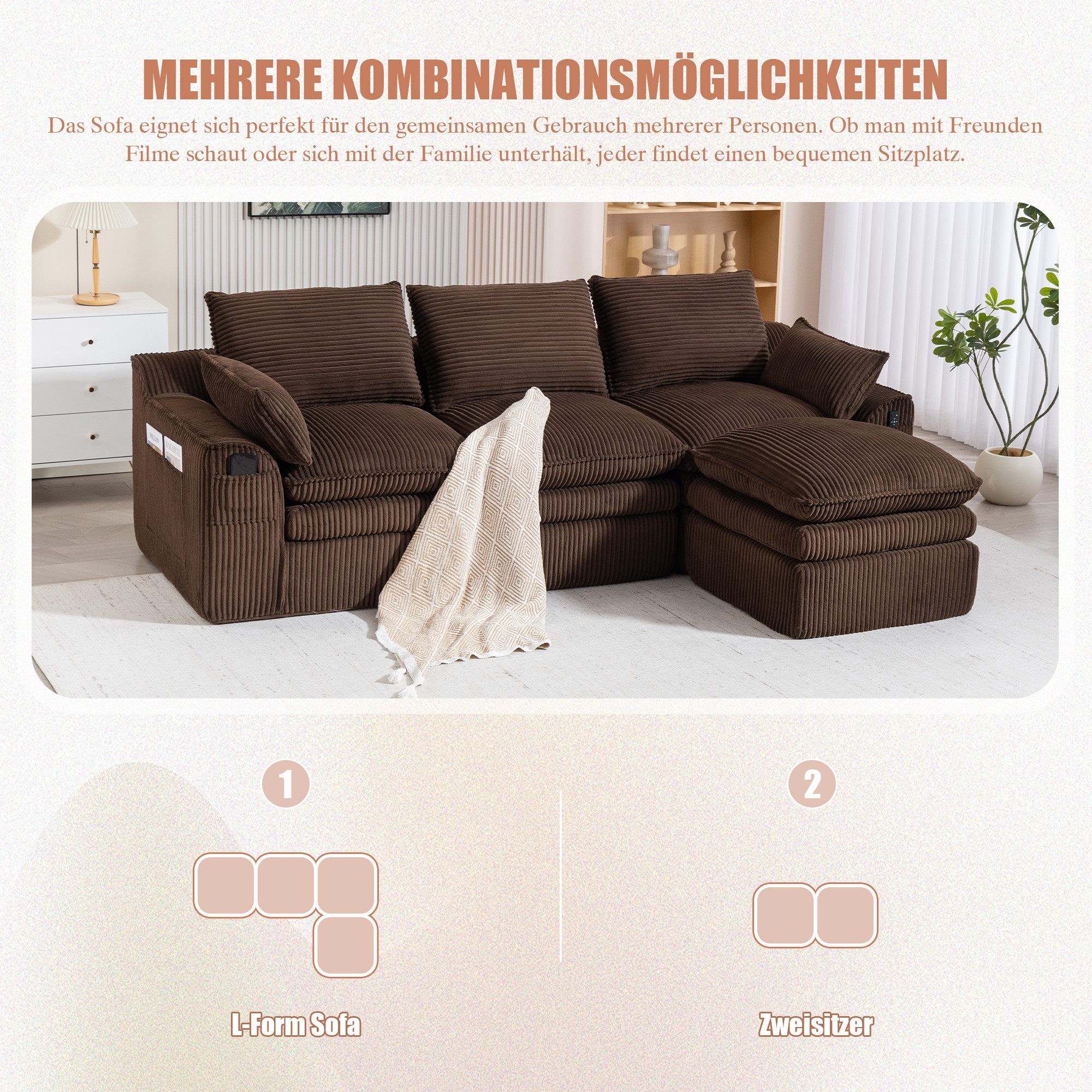 REDOM Sofa 3-Sitzer-Loungesofa mit Hocker, modulares Wohnzimmer- und Bürosystem, inklusive Kissen, zwei Seitentaschen, 3-lagiger Schaumstoff und Federkern für schnelle Rückfederung