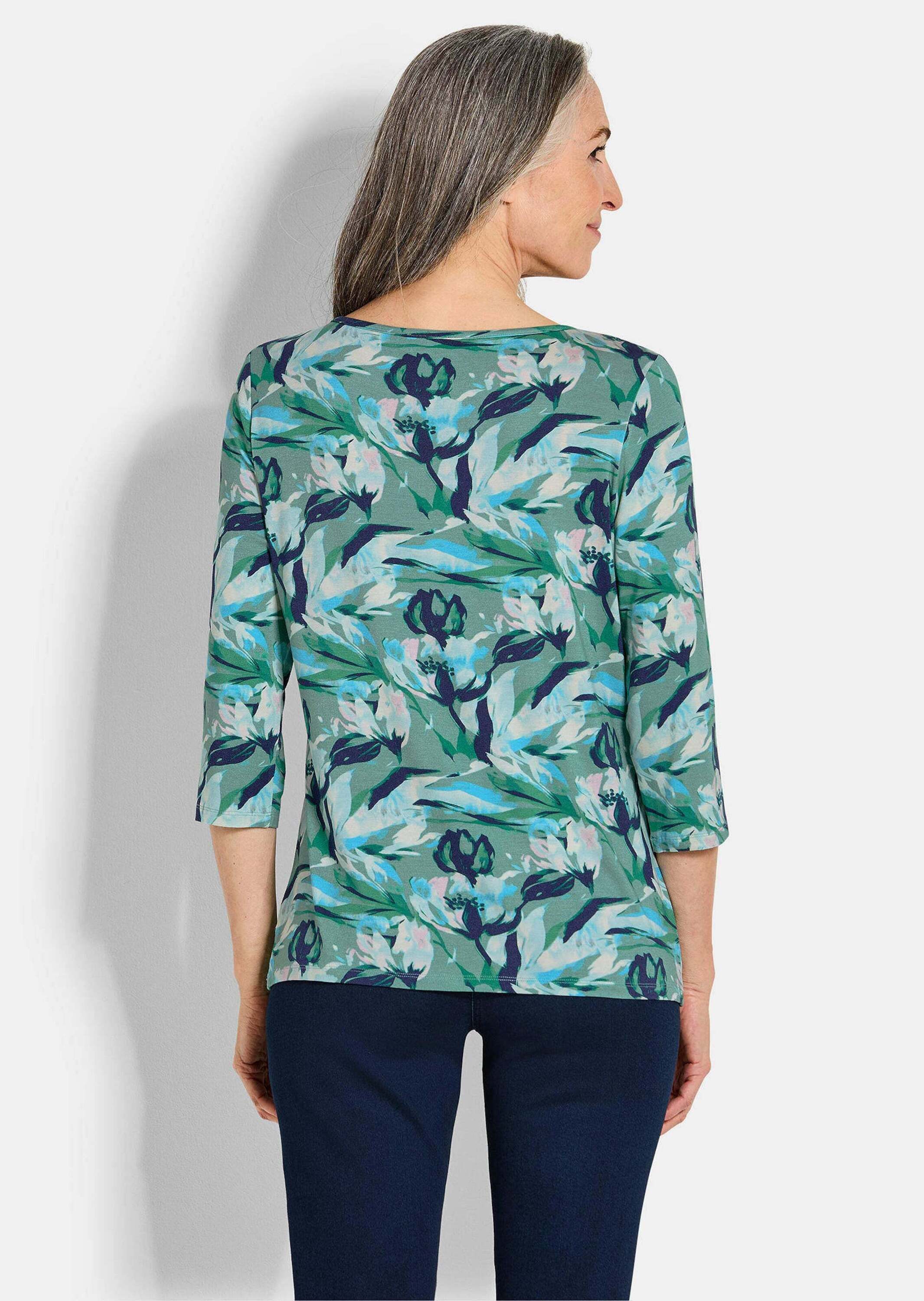GOLDNER Print-Shirt Kurzgröße: Viskoseshirt floral, U-Boot-Ausschnitt Druckshirt mit Blumenmuster und 3/4-Ärmeln