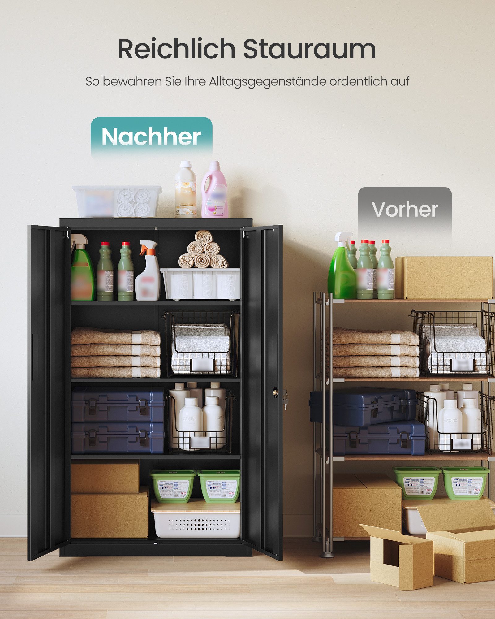 SONGMICS Aktenschrank Metallschrank, Aufbewahrungsschrank, Büroschrank abschließbar mit 2 Türen, aus Stahl, 80 x 40 x 90/160 cm, verstellbare Ablage