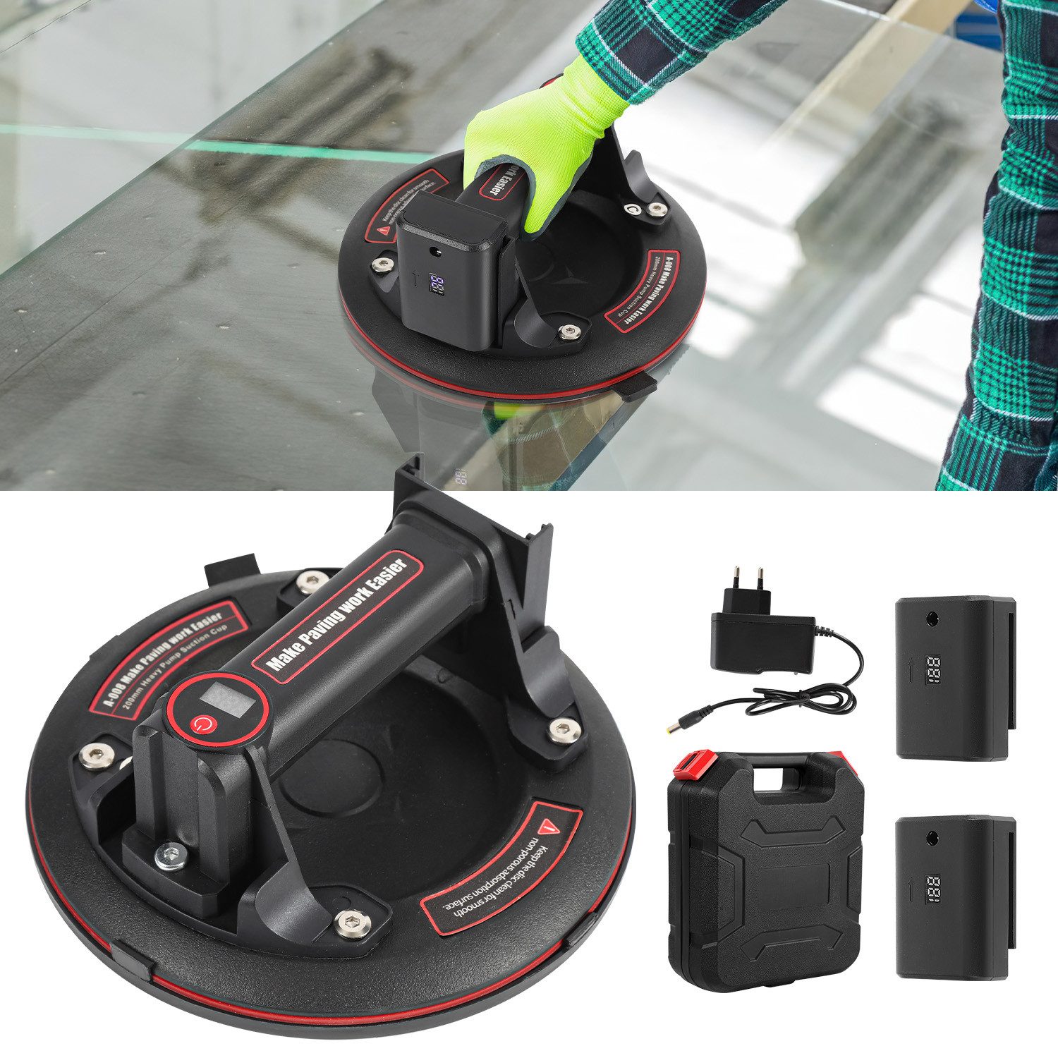 Clanmacy Saugheber 1x Elektrischer Saugnapf Fliesenheber Glassauger Datendisplay 2 Akku, -]