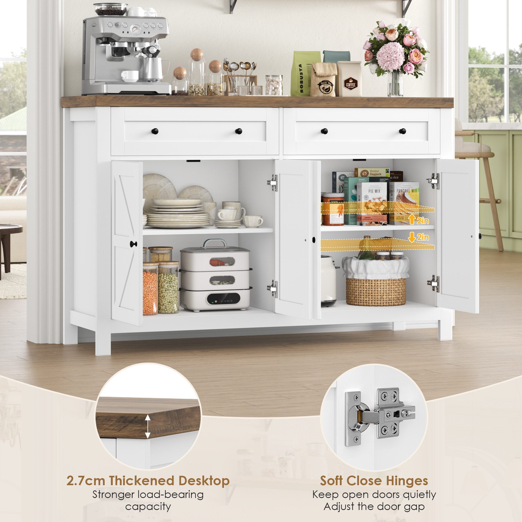 HOMECHO Buffet kitchen cabinet with worktop, 2 drawers and 4 doors