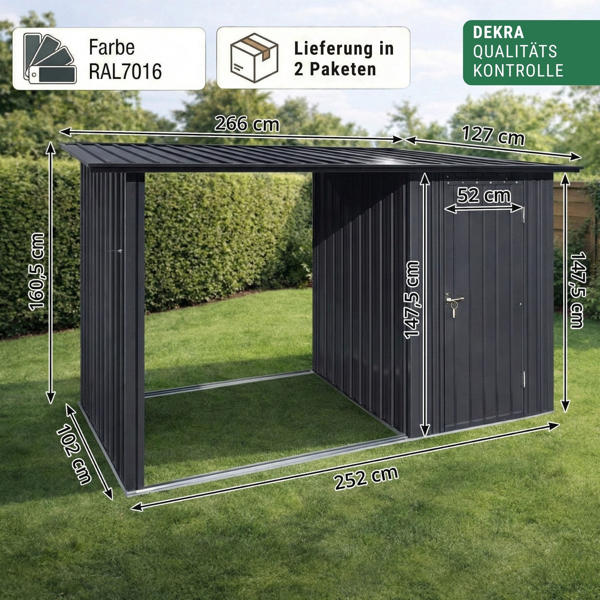 Albatros International Gerätehaus Profi Gerätehaus wetterfest Geräteschuppen Gartenschrank Gartenhaus, BxT: 266x127 cm, (M, 266x127x161cm), verzinktes Metall An – Bild 3 von 5