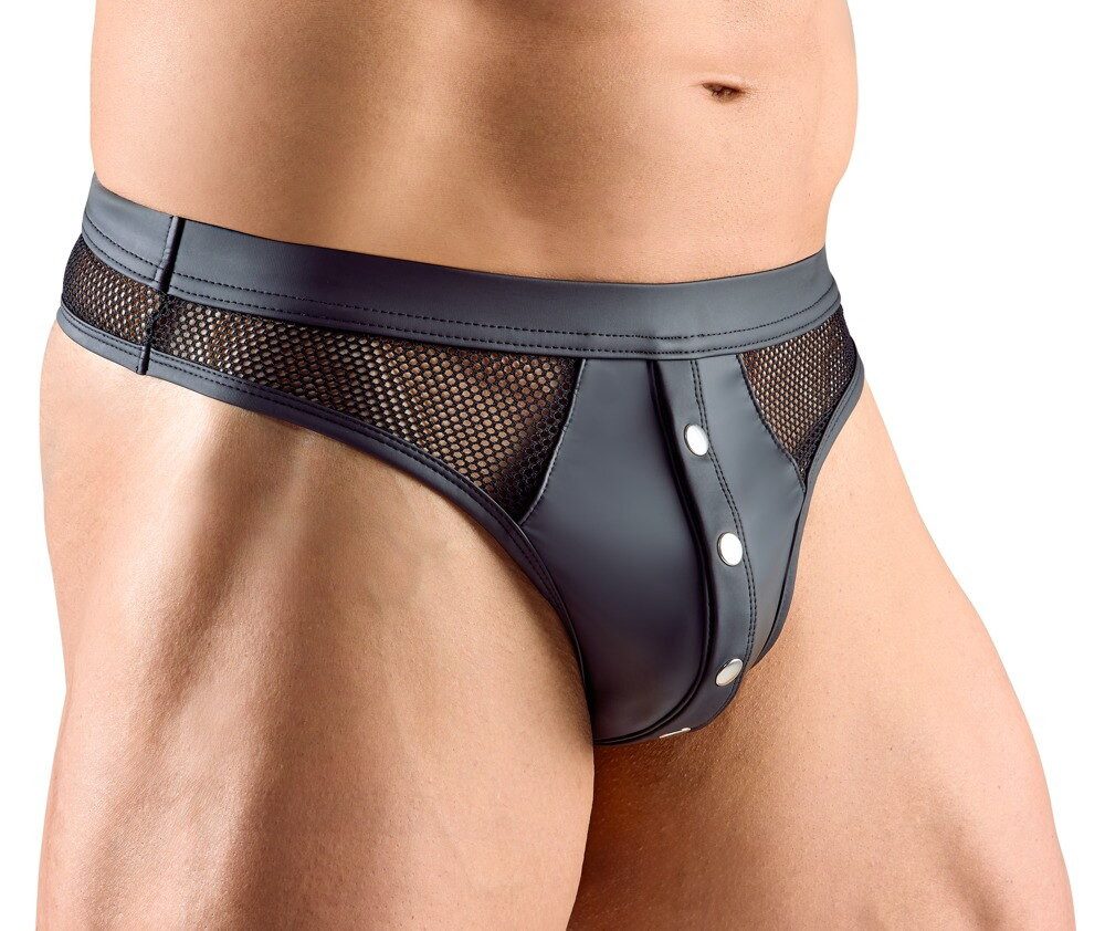 Svenjoyment String String mit Druckknöpfen und Netz - schwarz (1-St) Stylischer Mattlook und grobes Netz