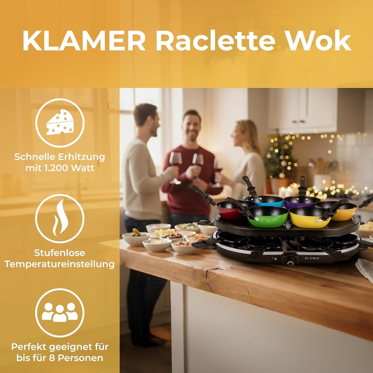 KLAMER Raclette KLAMER Raclette-Wok 1200 W – Raclette Grill mit 6 Wokpfännchen & 8 Ra…, 8 Raclettepfännchen