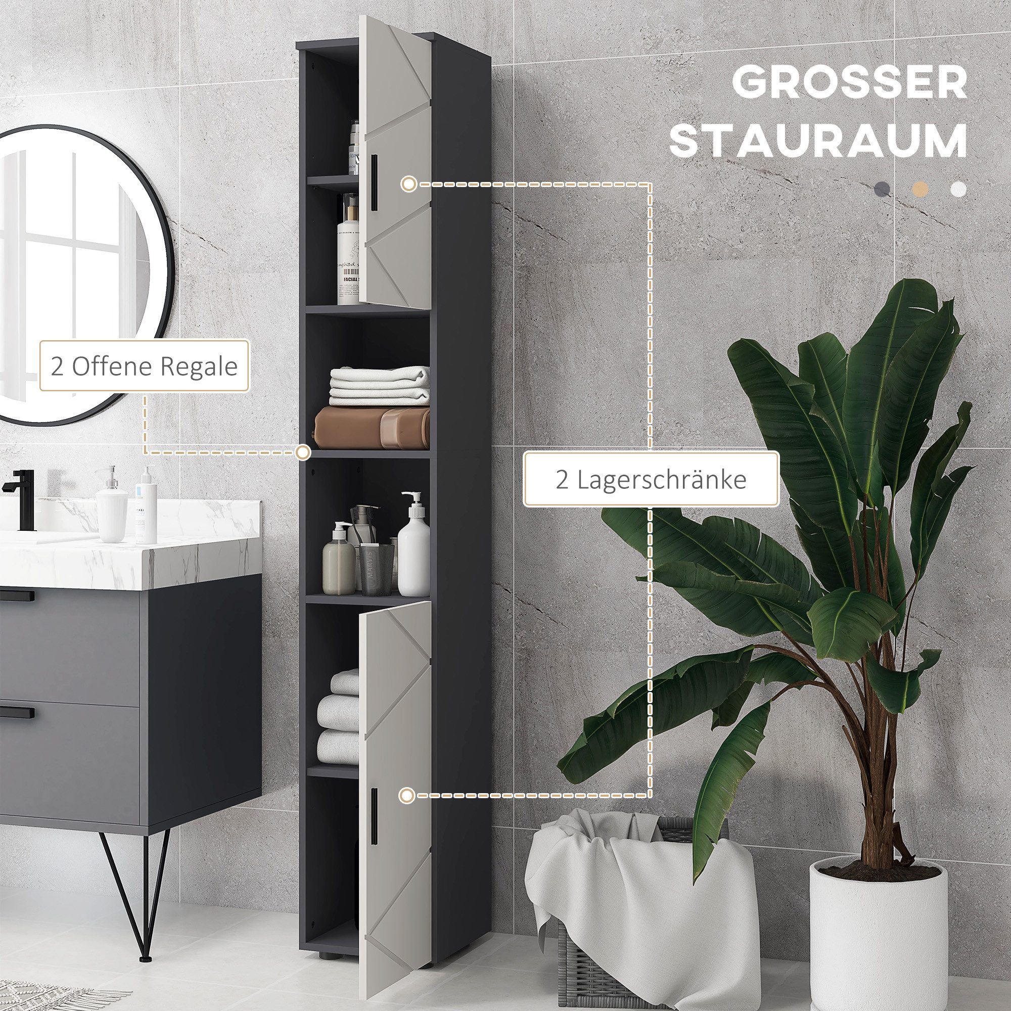 Kleankin Badkommode Hochschrank Toilettenschrank, 2 offenen Fächern, für kleine Räume (schmaler Badezimmer-Aufbewahrungsschrank, 1 St., mit verstellbaren Regale – Bild 4 von 5