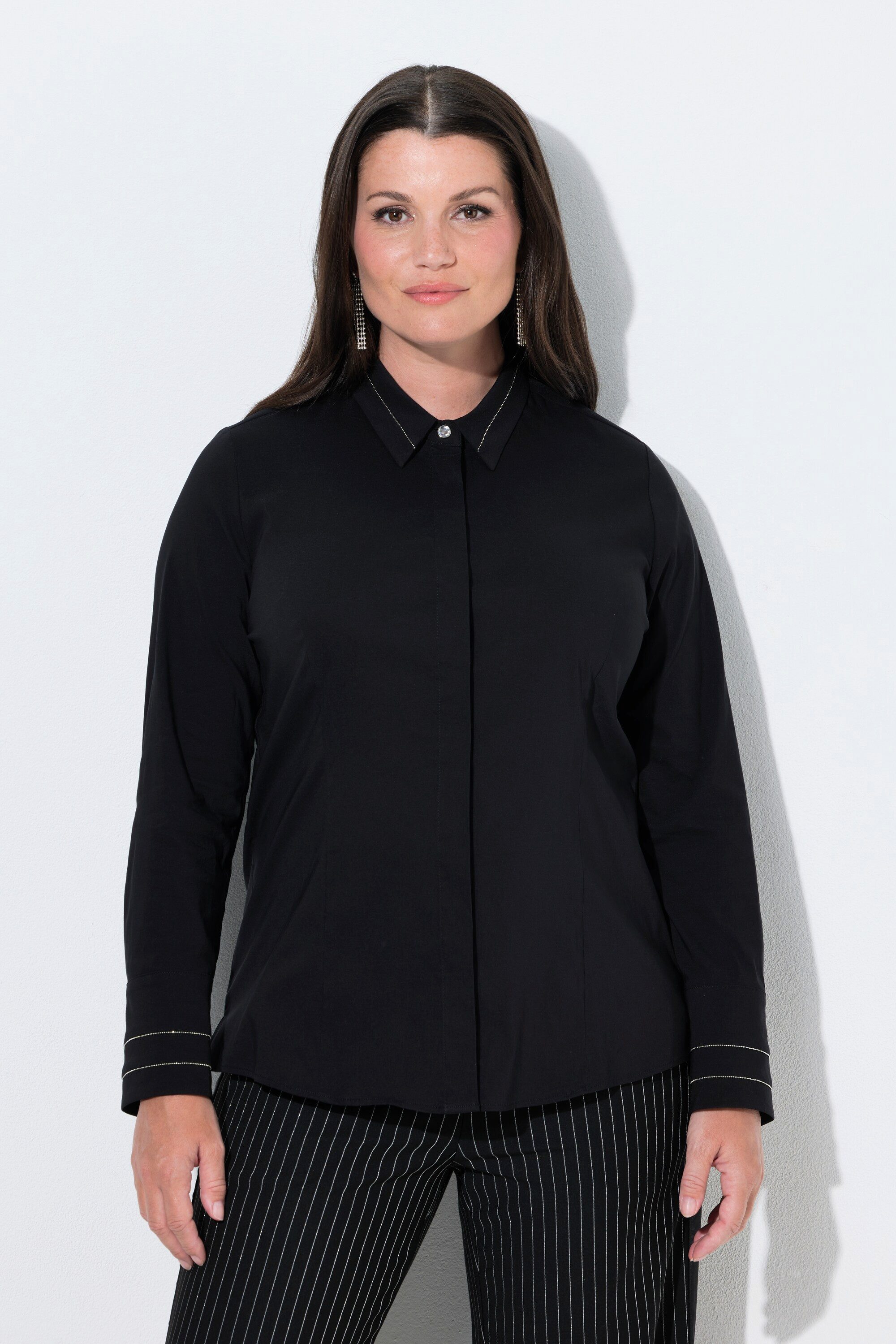 Ulla Popken Hemdbluse Hemdbluse Perlenbänder Hemdkragen Langarm