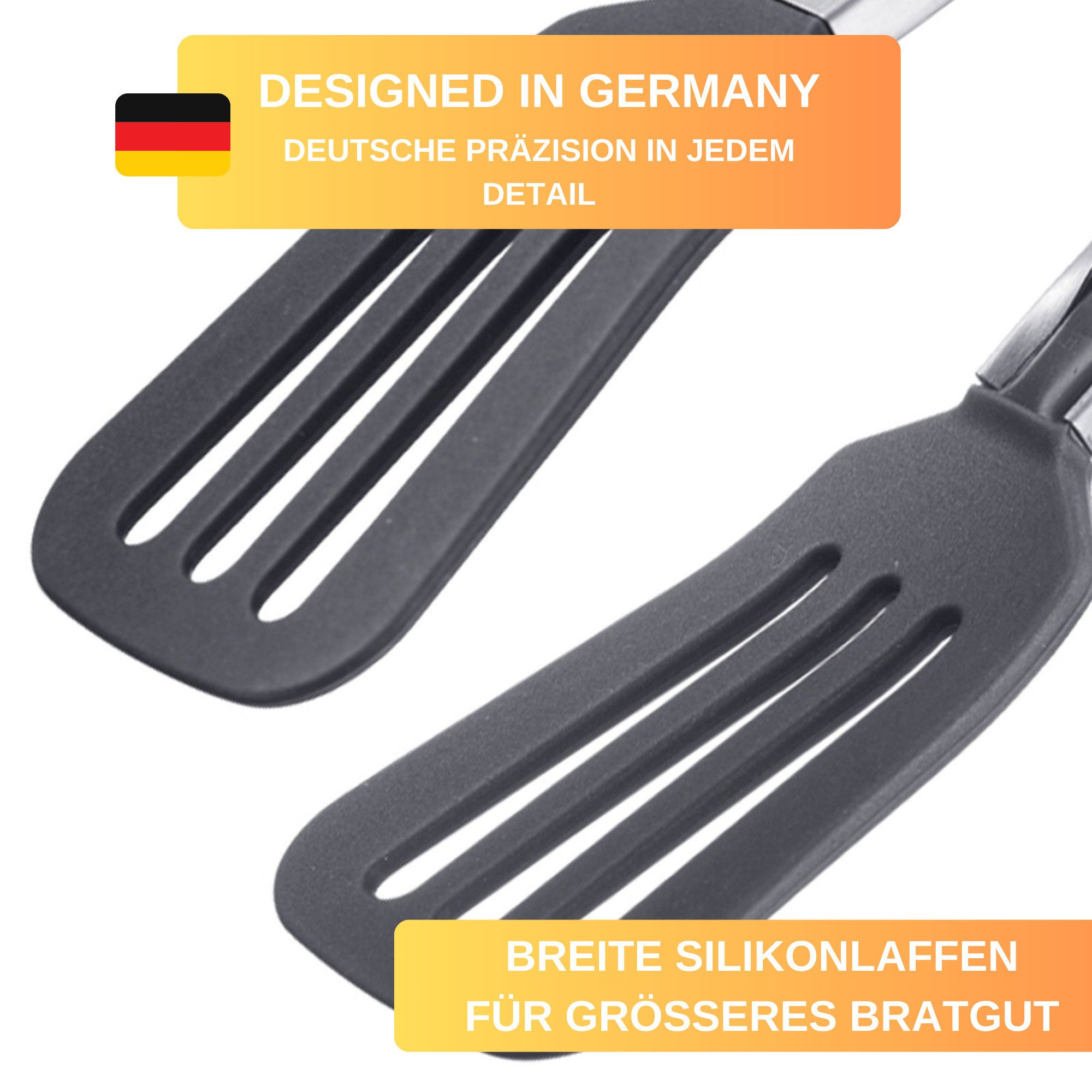 Thiru Servierzange mit breiten Silikonlaffen und Aufhängeöse, hitzebeständig bis 200°C, breite Silikon Laffen