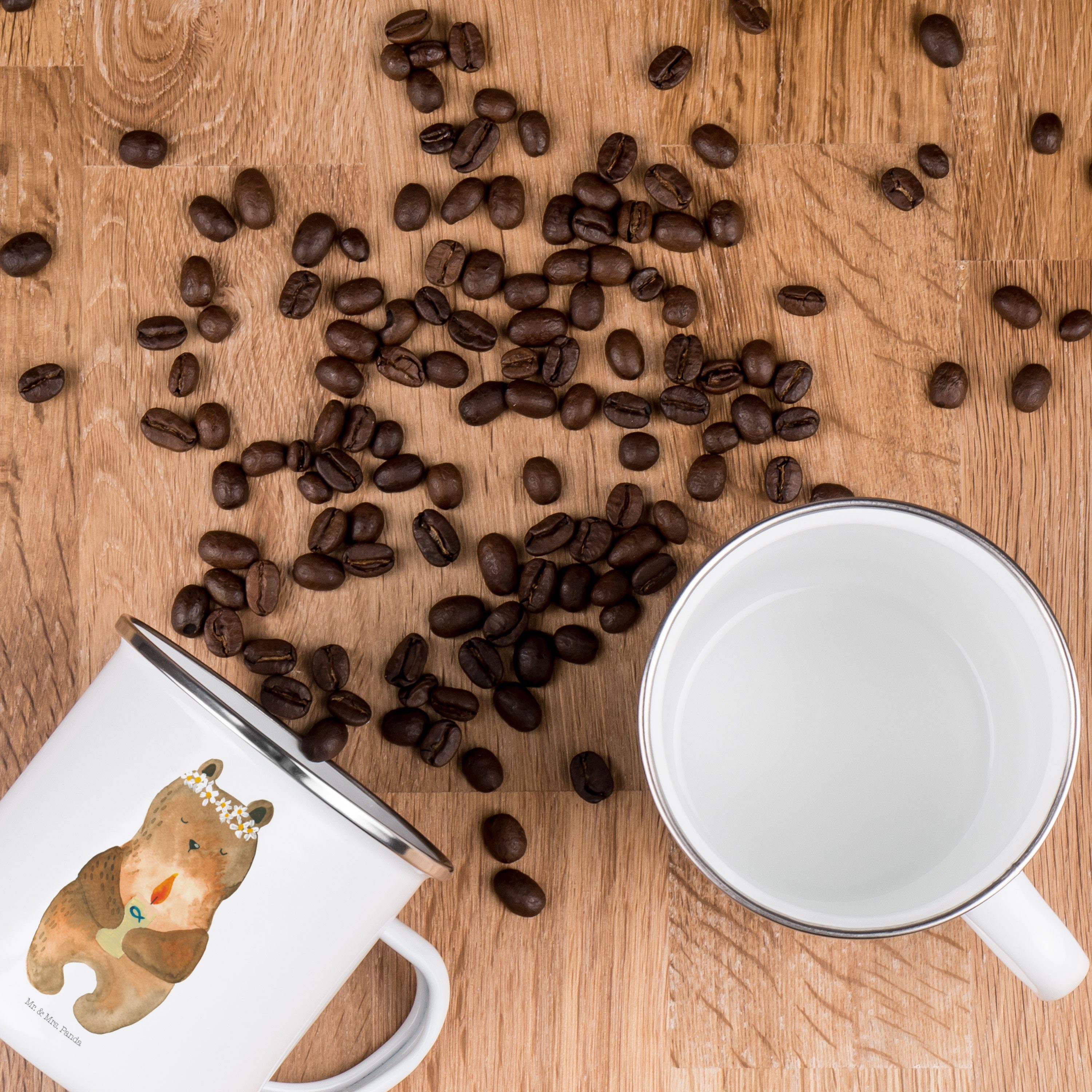 Mr. & Mrs. Panda Becher Kommunion-Bär - Weiß - Geschenk, Teddybär, Camping Tasse Metall, kath, Emaille