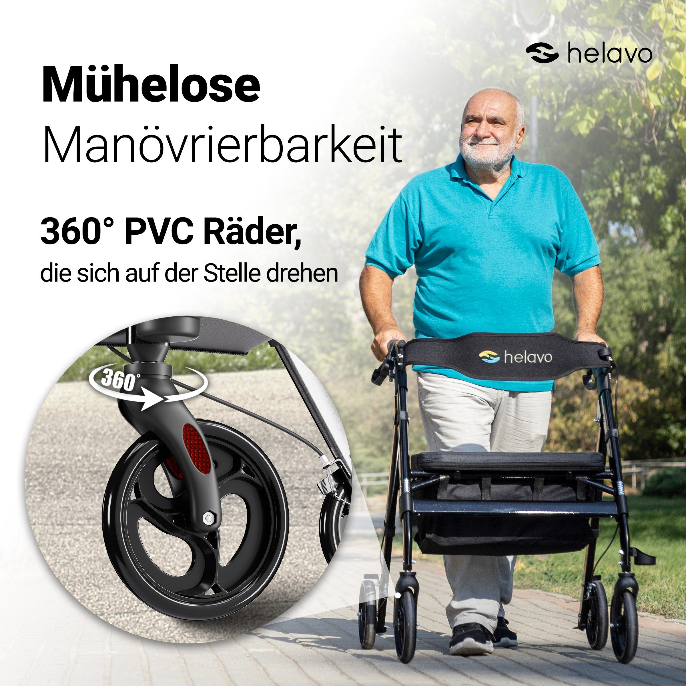 Helavo Rollator H1050, Faltbarer Outdoor-Rollator mit Sitz & Korb. Belastbar bis 226 kg