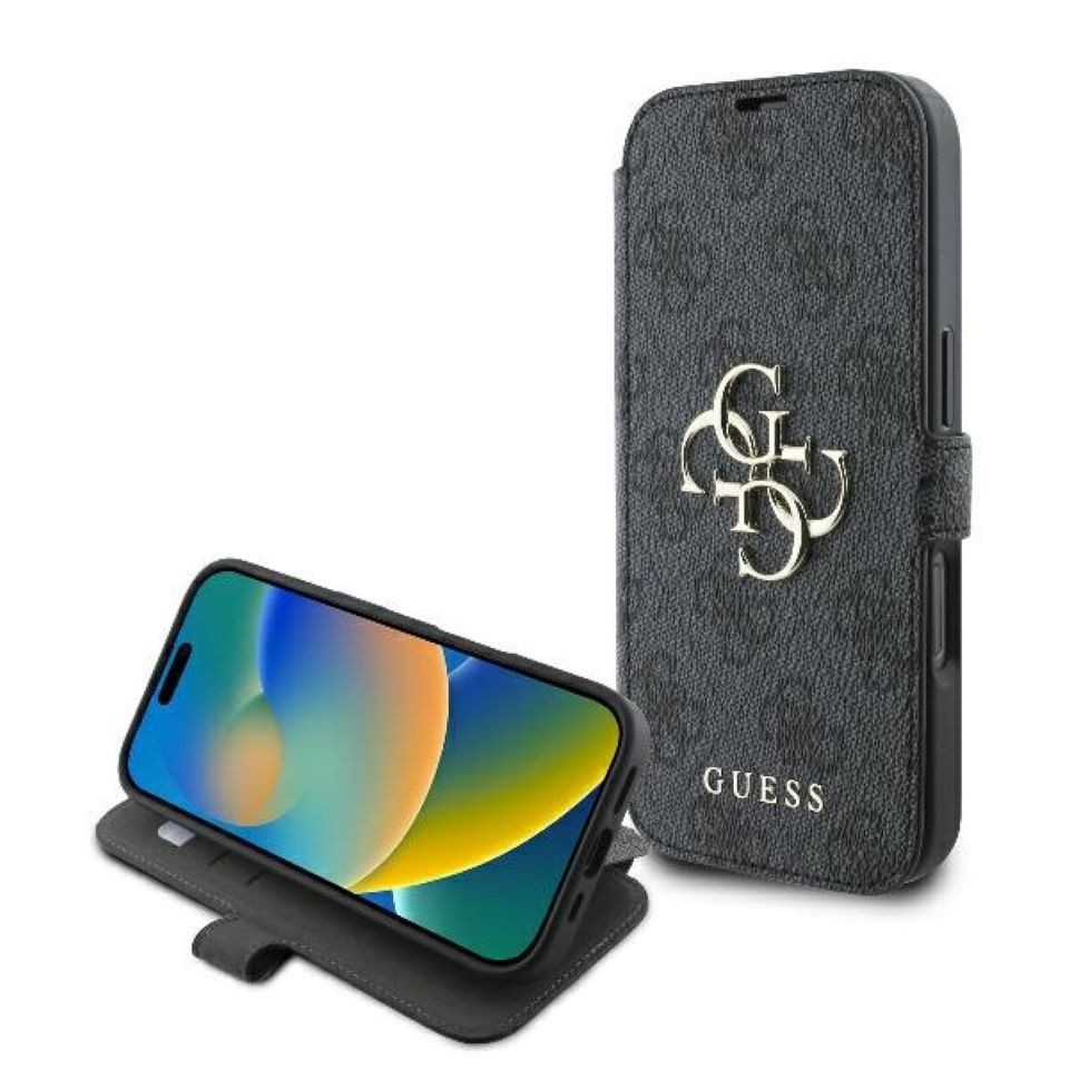 Guess Handyhülle Bookcase iPhone 16 Pro grau Logo goldfarben aufstellbar 6,3 Zoll, Kantenschutz