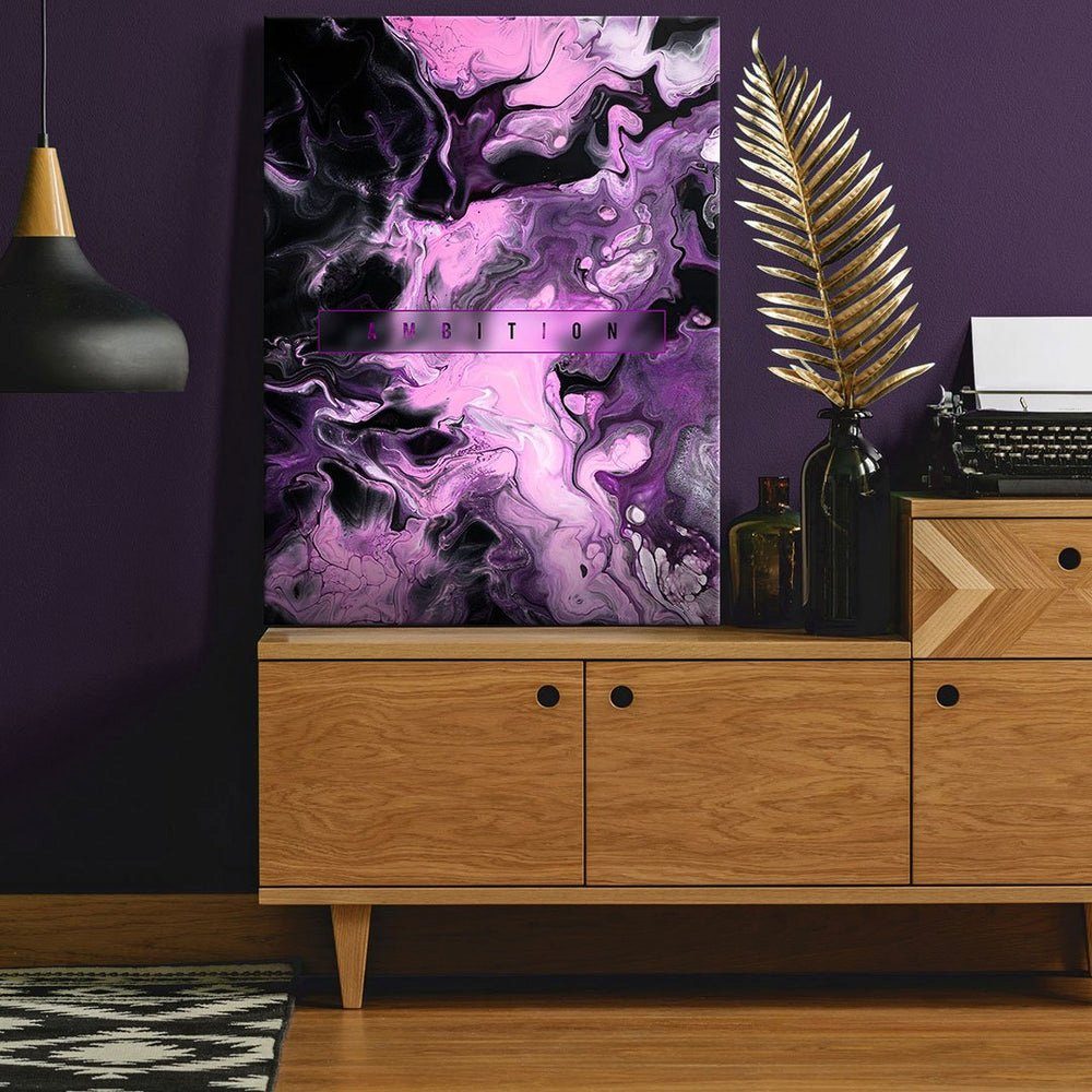 Englisch, abstrakte Flüss schwarze Rahmen Leinwandbild AMBITION DOTCOMCANVAS® LIQUID, violette Motivationszitat ohne Leinwand Wandbild