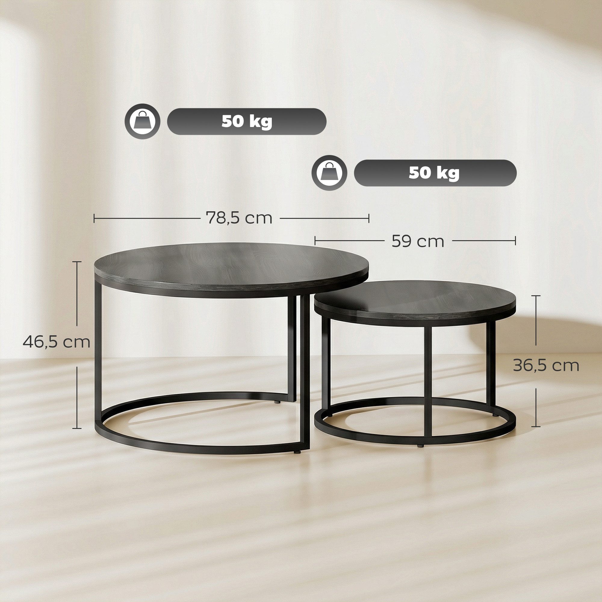 HOMCOM Couchtisch runder stapelbarer Beistelltisch, Kaffeetisch mit Zementoptik (Wohnzimmertisch, 2-St., Kaffeetisch), für Wohnzimmer, Schlafzimmer, Balkon Grau – Bild 3 von 5