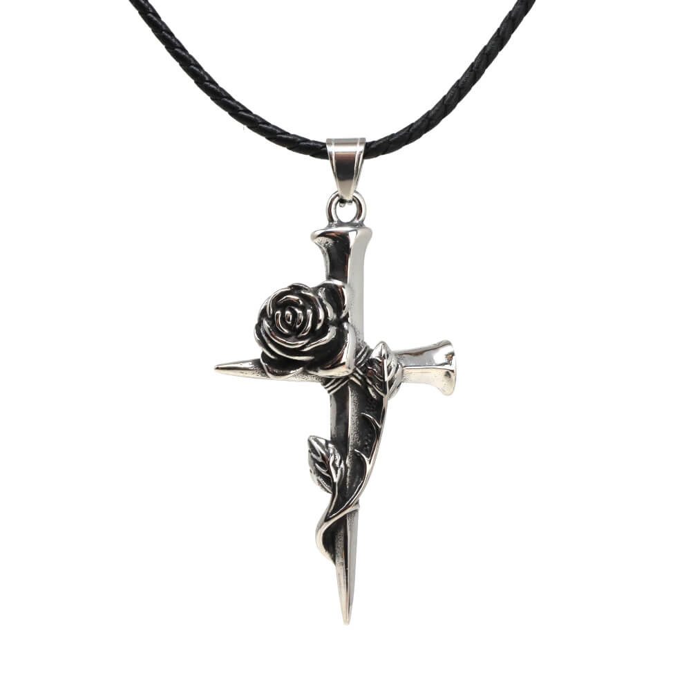 Kette mit Anhänger Lederkette Edelstahlkette 316L NAGELKREUZ ROSE