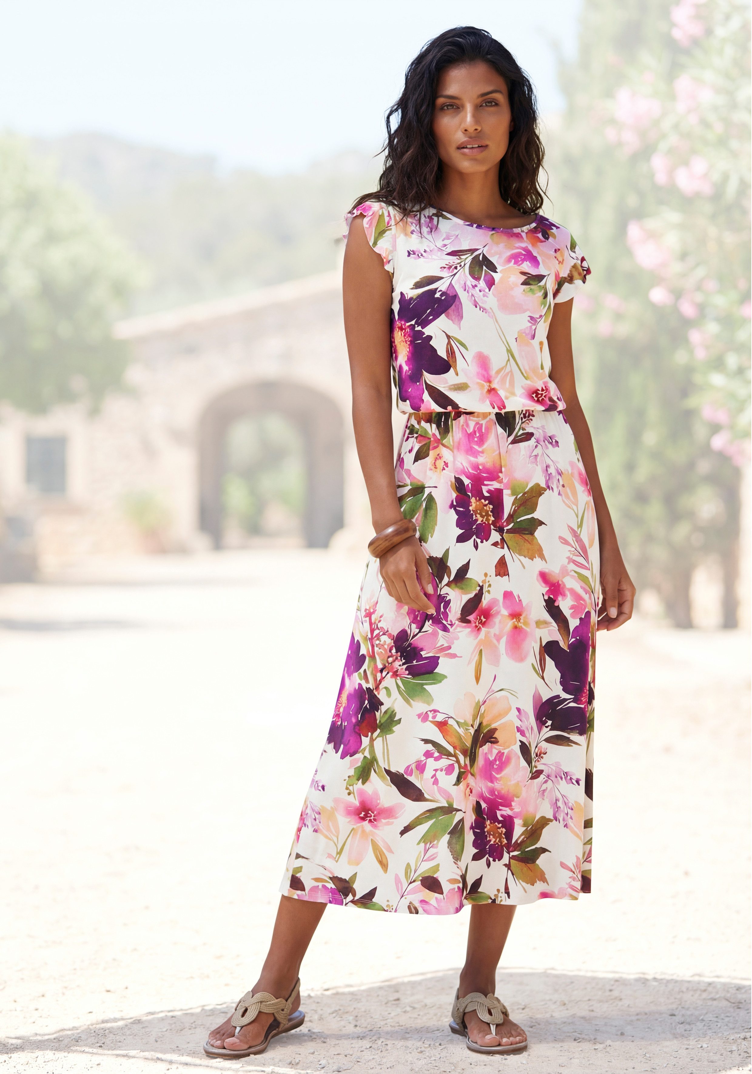 Beachtime by Lascana Jerseykleid mit Blumendruck und Gummizug aus Viskosejersey, elegantes Midikleid Kurzärmliges Sommerkleid, Strandkleid, Viskosekleid, Basic