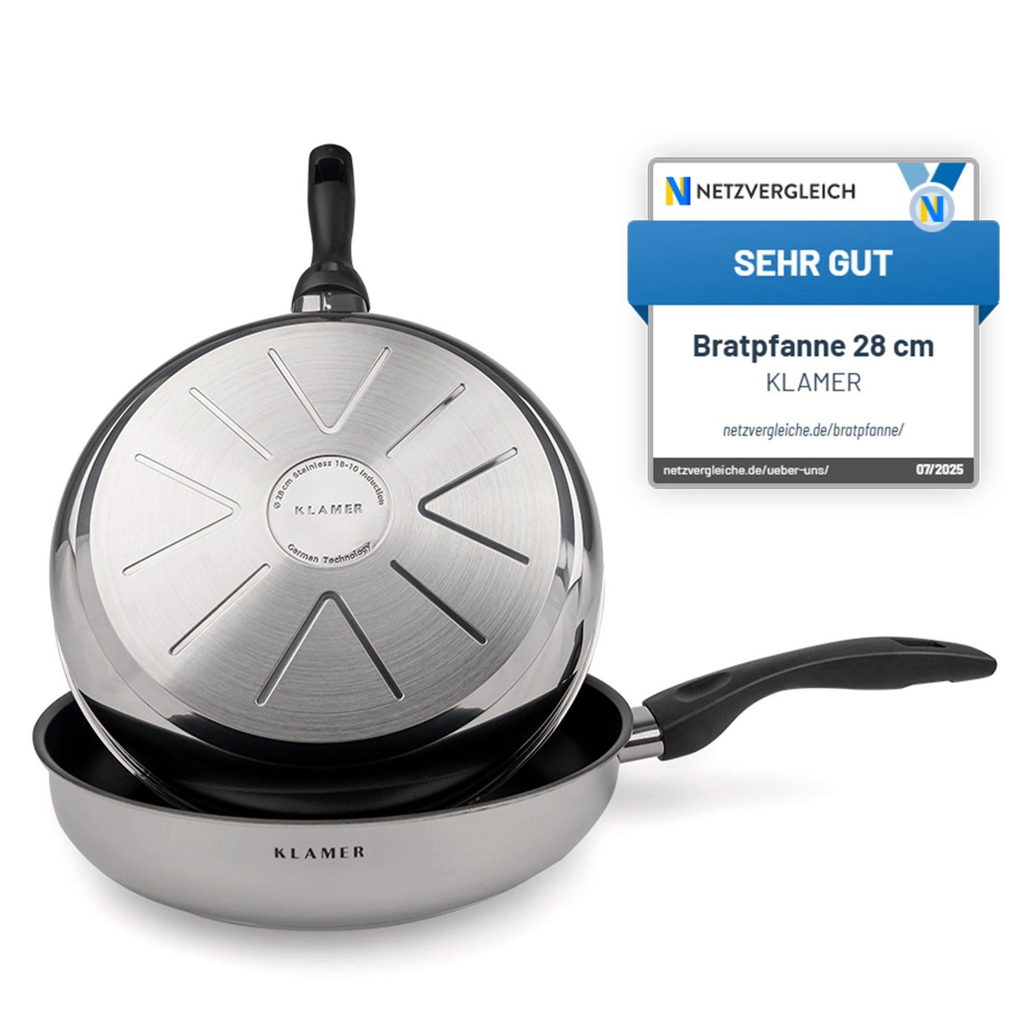 KLAMER Bratpfanne 28cm, antihaftbeschichtete Induktions-Pfanne, Premium Beschichtung, h…, Edelstahl, Spülmaschinenfest, für alle Herdarten
