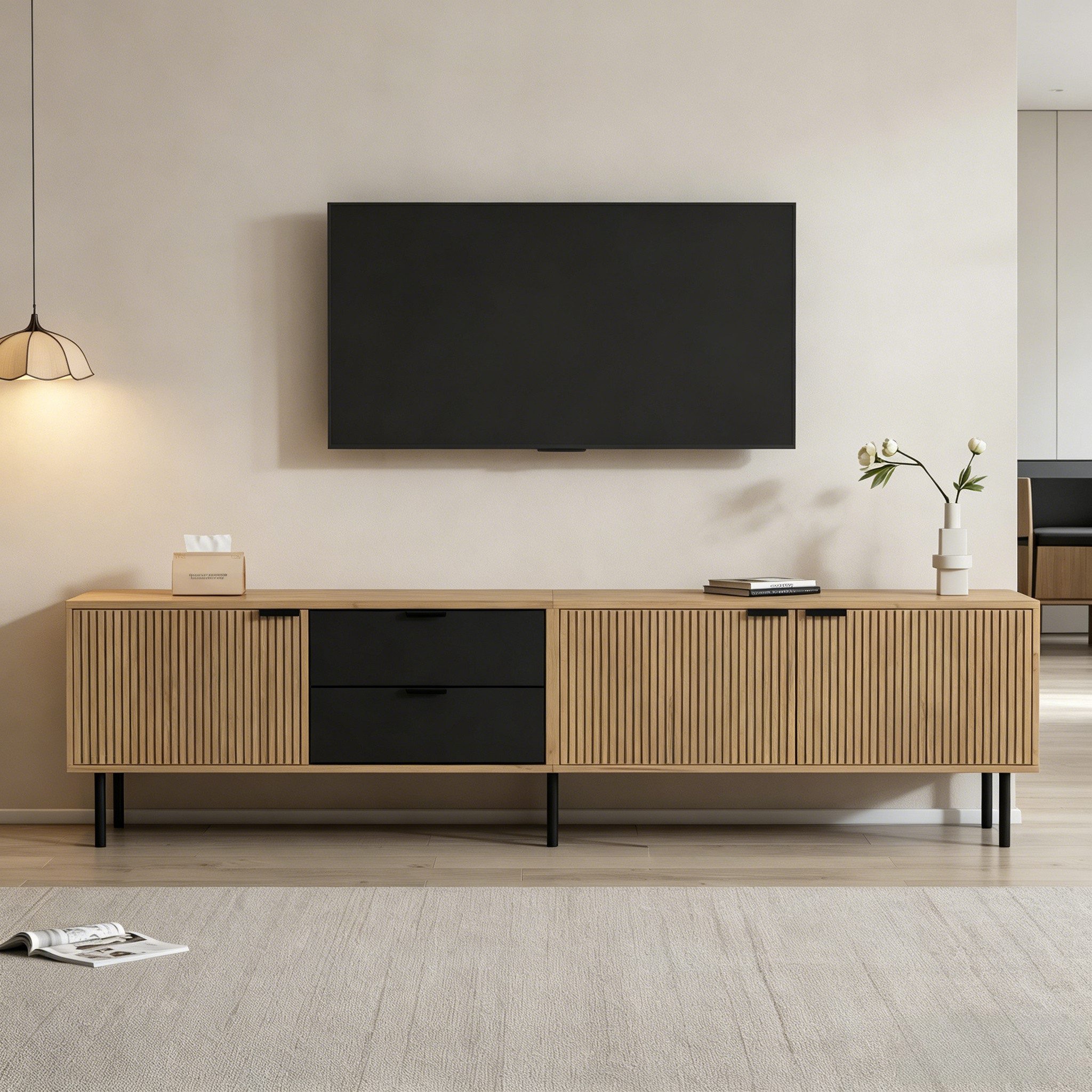 BlingBin Lowboard TV-Schrank mit Schubladen, Fernsehschrank - 208×40×48cm (1er Set, 1 St., Belastbarkeit: 40kg, Aufbewahrungsschrank mit Kabelmanagement), TV-Ständer aus Spanplatte für 85-Zoll-Fernseher, Schwarz+Holzfarbe