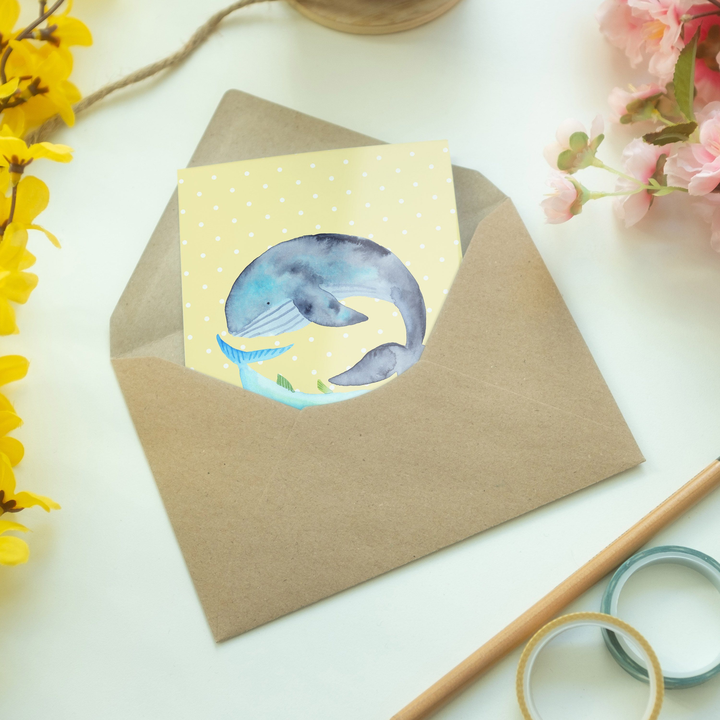 Mr. Thunfisch Geschenk, - Mrs. Spruc & Grußkarte Pastell Gelb Walfisch & Hochzeitskarte, - Panda