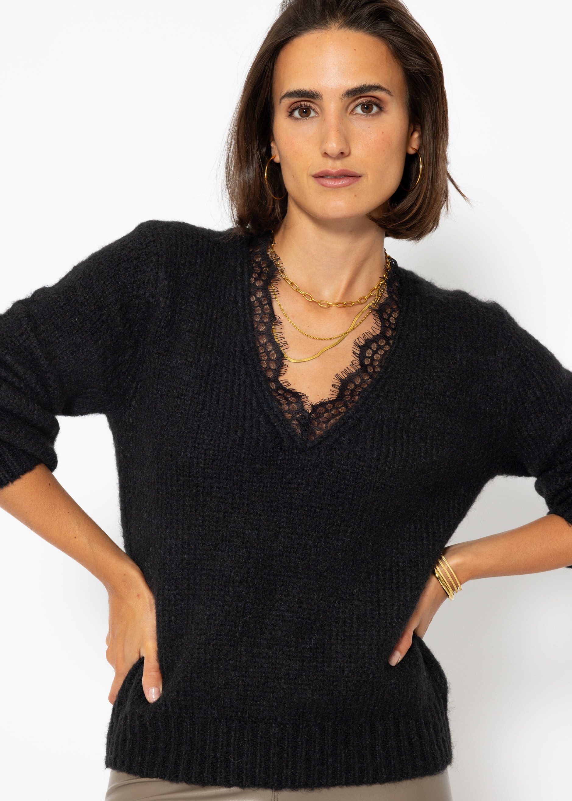 Strickpullover Damen Pullover Elegant mit Spitzen-V-Ausschnitt