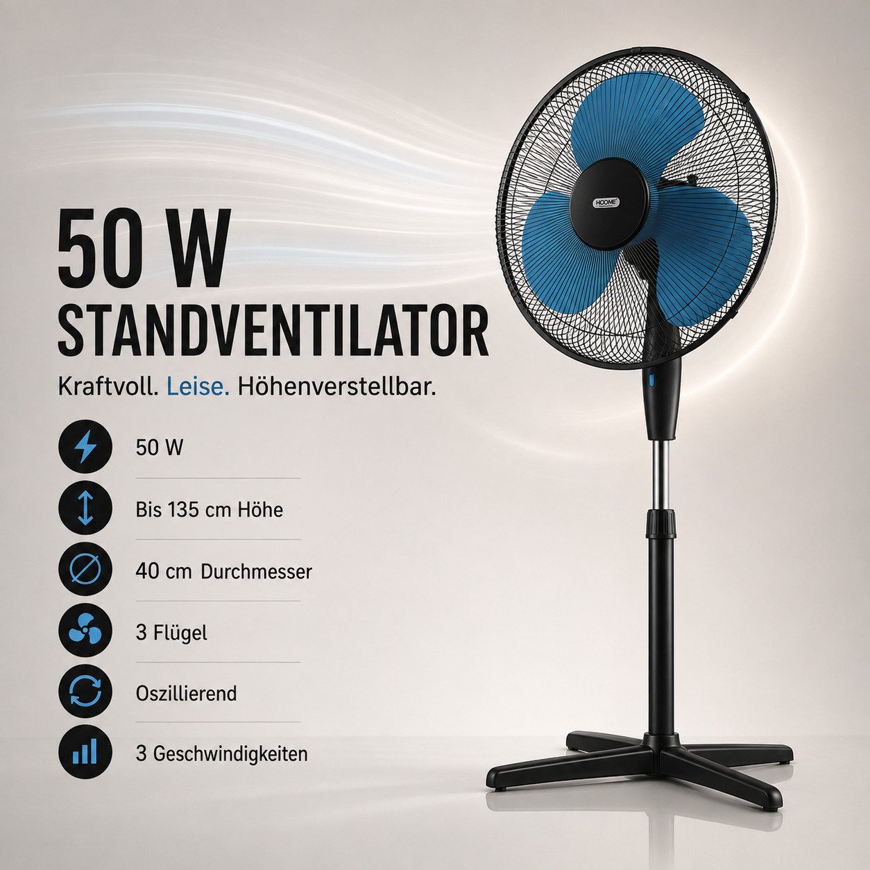 Ertex Standventilator Ventilator Standventilator Turm 50W, 40 cm, Höhe 135 cm, BLACK BLUE