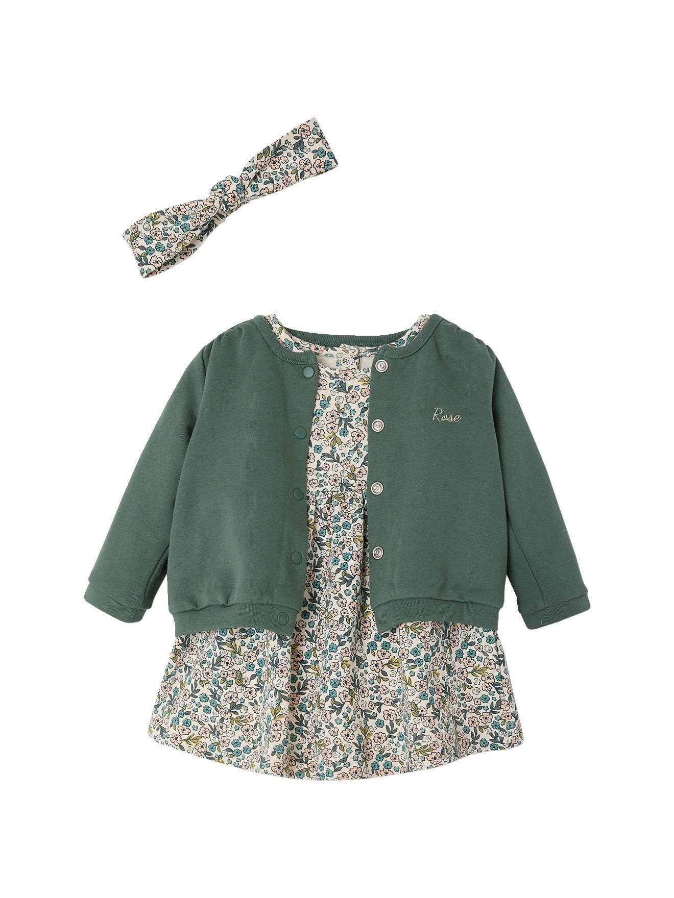vertbaudet A-Linien-Kleid Mädchen Baby-Set: Kleid, Strickjacke & Haarband