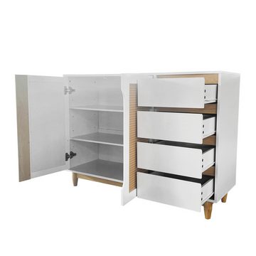 REDOM Sideboard Aufbewahrungsschränken (2 Türen, 4 Schubladen), mit Türen aus Rattanimitat, verstellbaren Regalen, 120*40*86,5cm