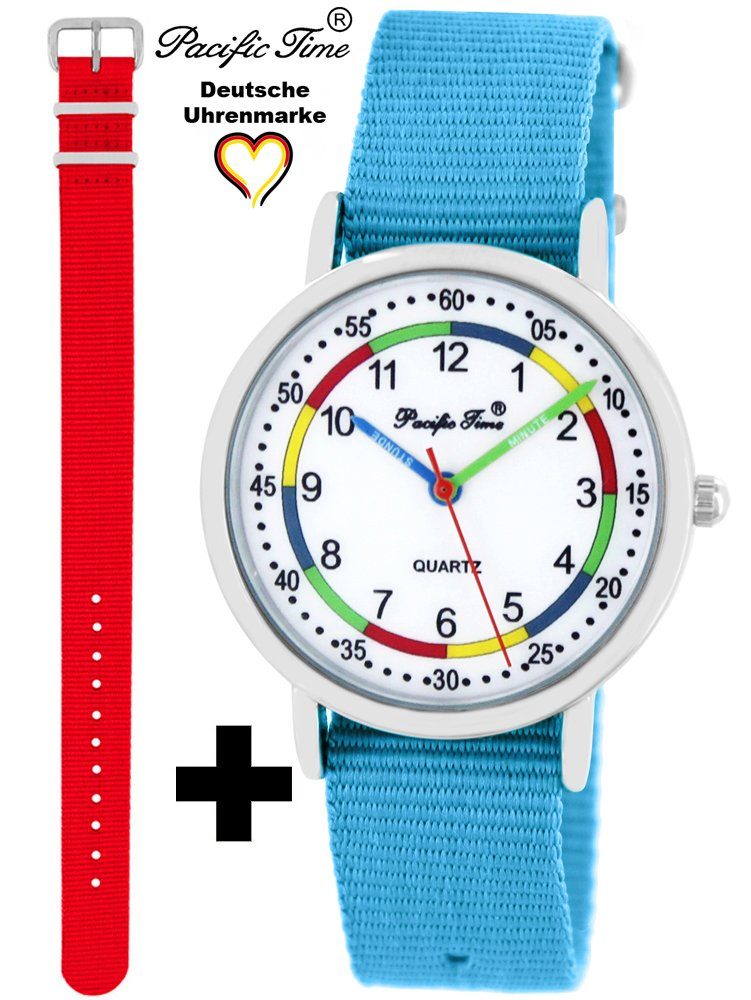 Design rot First Quarzuhr Lernuhr Set Time Versand Wechselarmband, und hellblau Kinder Mix - Gratis Armbanduhr und Pacific Match