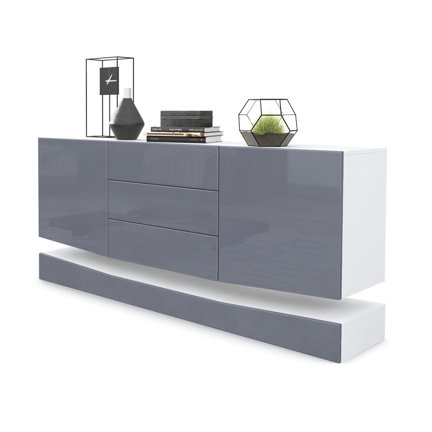 Vladon Sideboard City (Kommode, mit 2 Türen und 3 Schubladen), Weiß matt/Grau Hochglanz (178 x 72 x 38 cm)
