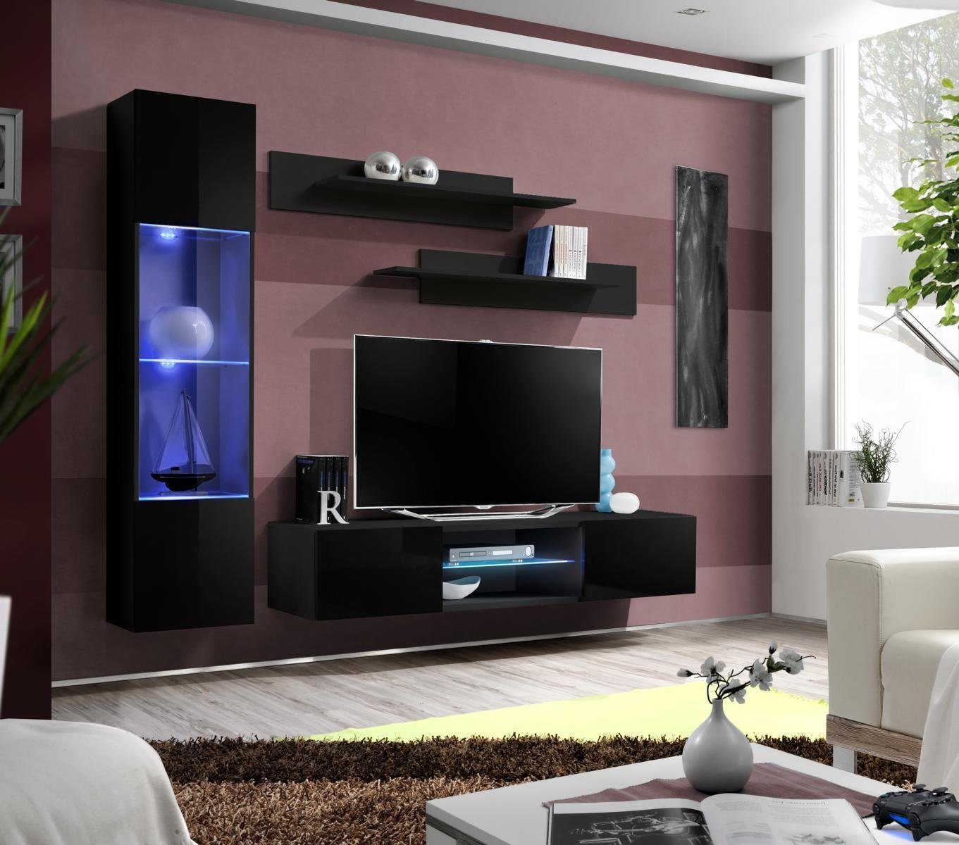 TV-Ständer, VitrineModerne TV 2x + Luxus Vitrine 1x Hänge Wohnwand (5-St., Europa Ständer + Hänge + JVmoebel Made in Wohnzimmer 1x 1x Wandregal), Schwarz Wohnzimmer-Set Wohnwand