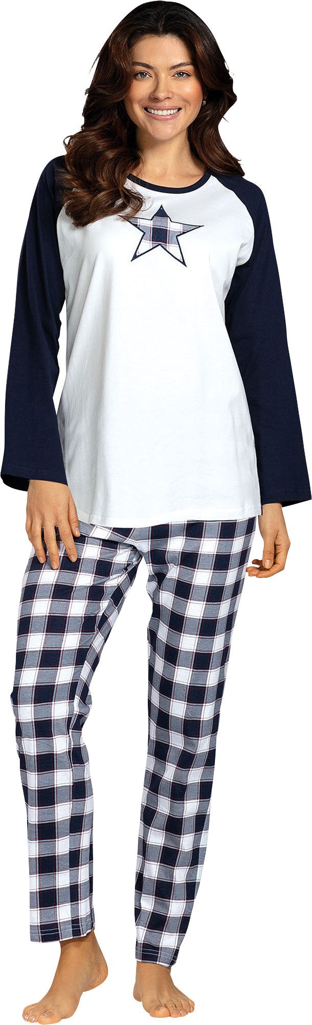 comtessa Pyjama Damen-Schlafanzug Single-Jersey Karo: Hose/Sterne: Oberteil