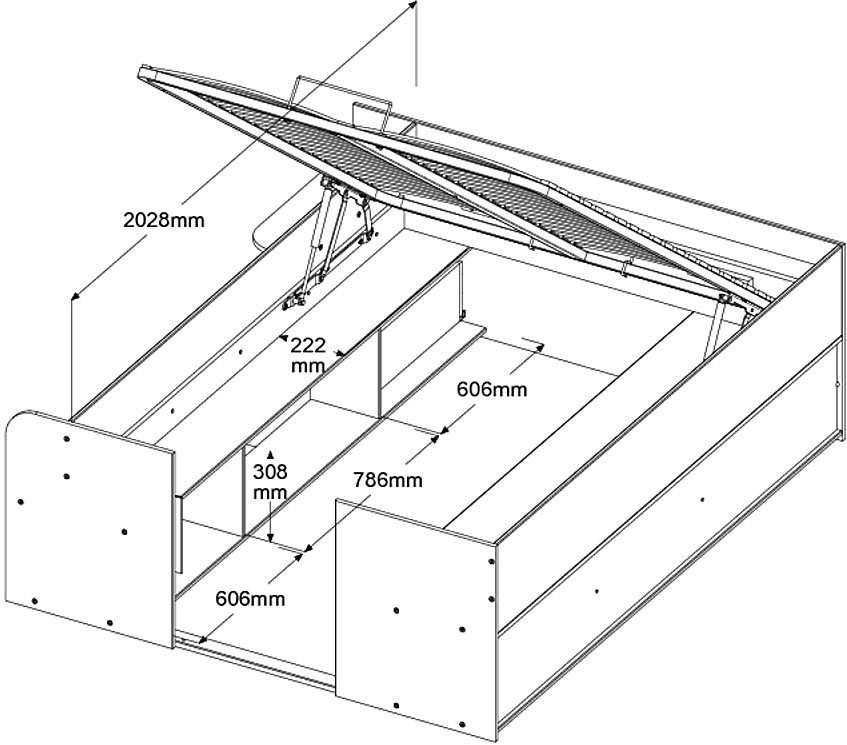 Parisot Stauraumbett Travel, maximaler Stauraum, wie ein begehbarer Kleiderschrank, Ablageflächen, hydraulischer Bettkasten mit Regalen, Schublade, Tür