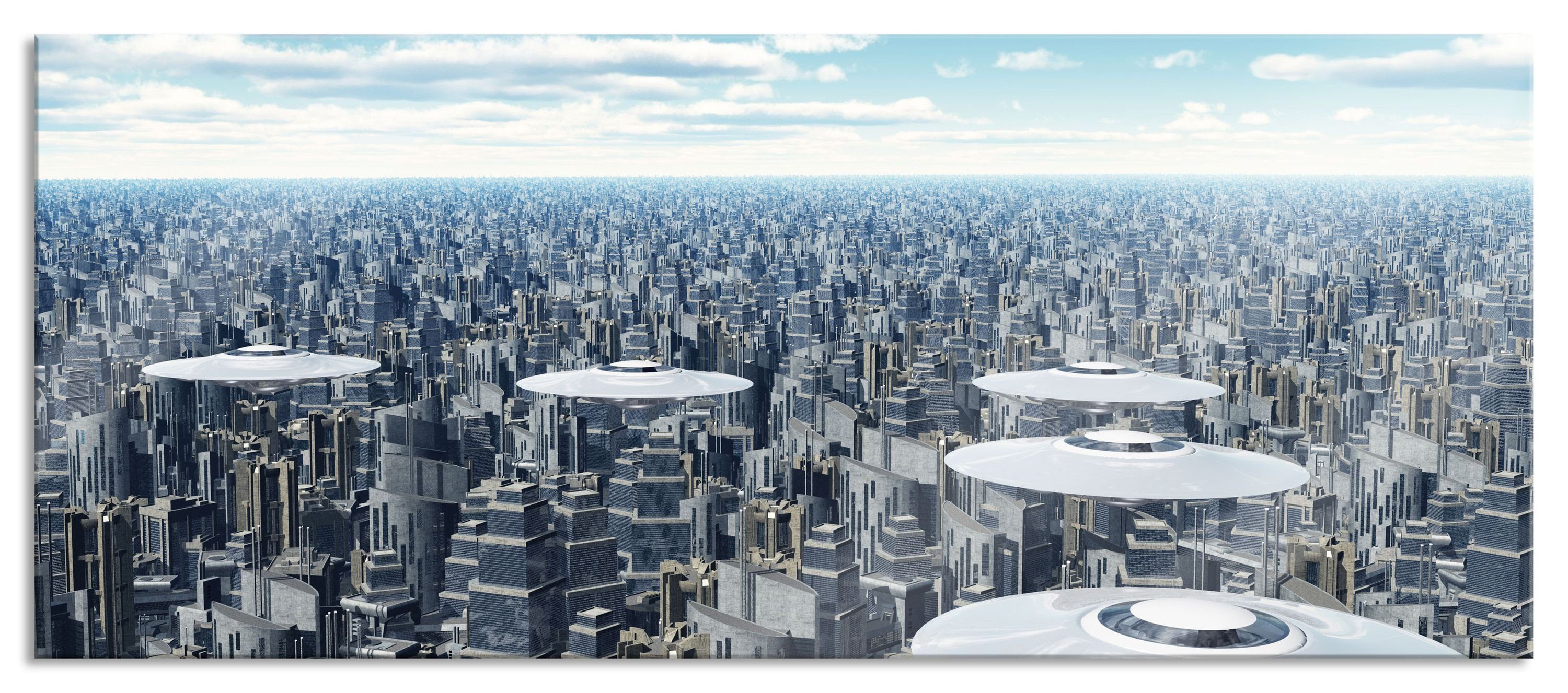 über über Stadt, inkl. Aufhängungen Ufo´s Stadt und Echtglas, St), der Pixxprint Glasbild (1 der Abstandshalter Glasbild Ufo´s aus