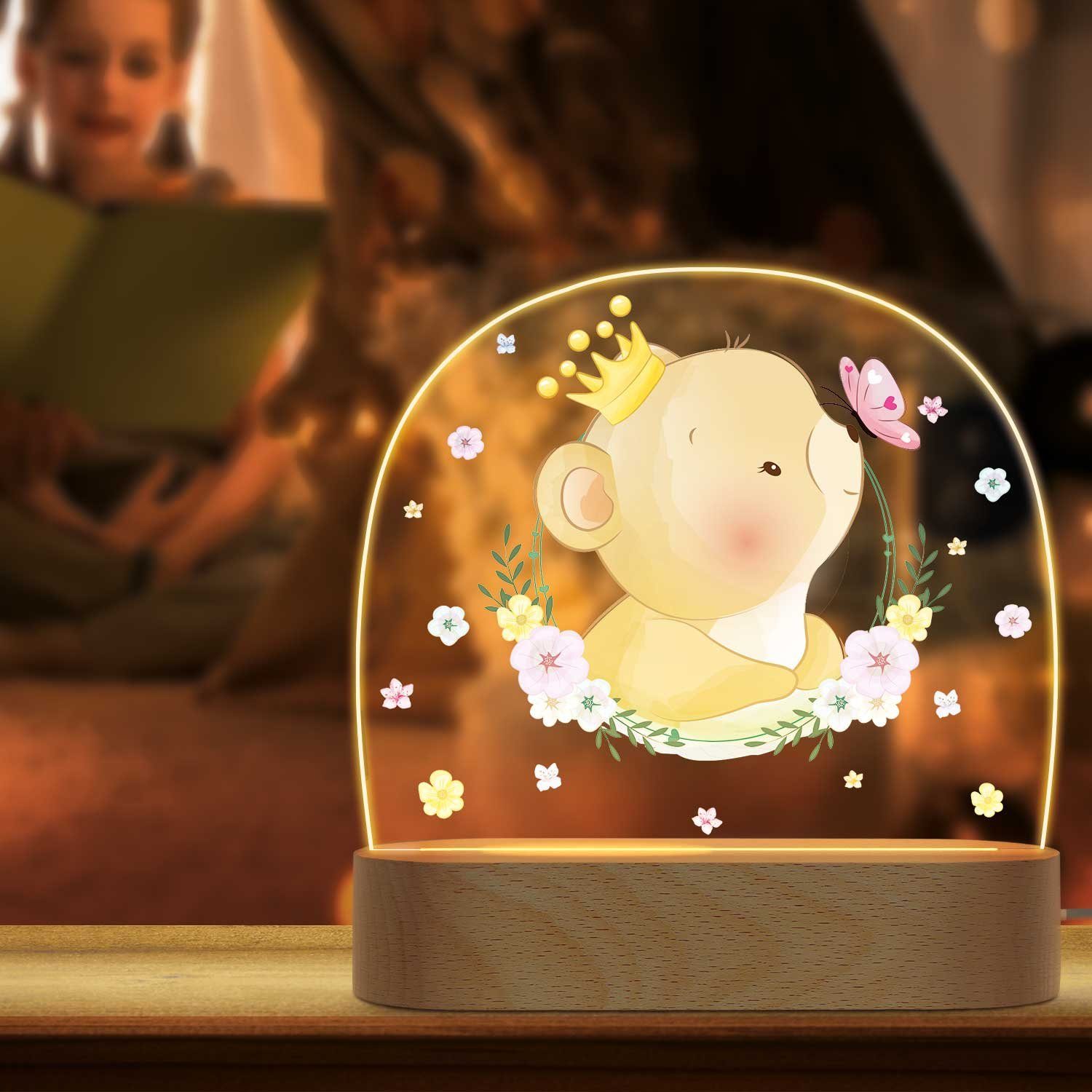 GRAVURZEILE LED Nachtlicht für Kinder, Beruhigend und Energiesparend - Blumen Design - Bär mit Krone, LED, 3 Lichtmodi: Warm- Kalt- und Mischweiß, Geschenk für Kinder & Baby