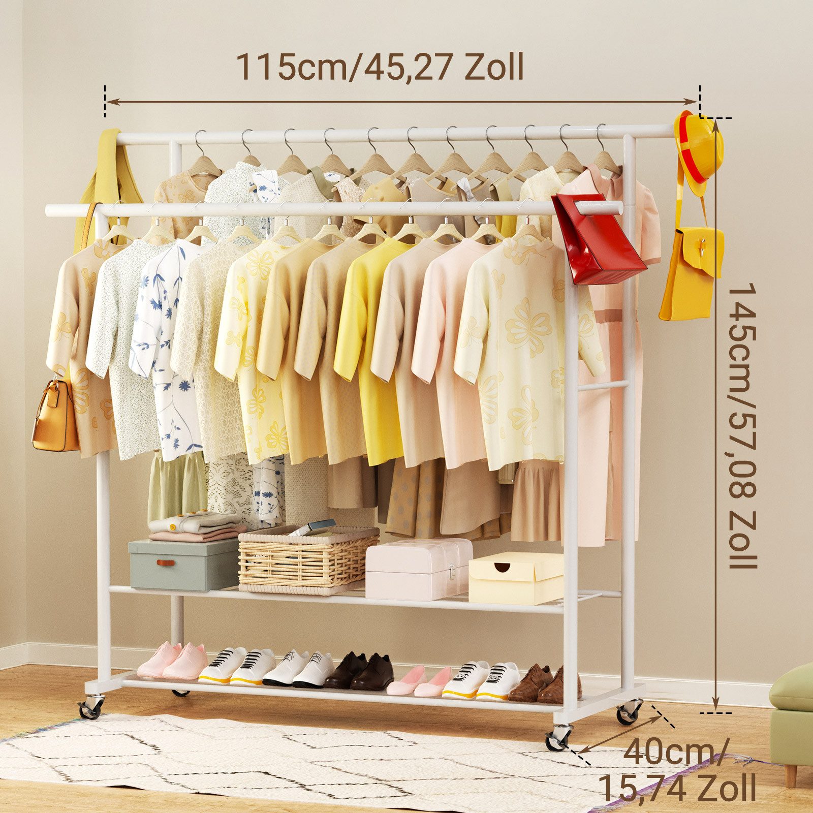 loefme Kleiderständer 2 Regale + 2 Stangen, (115×40×145cm, bis 53 kg belastbar), Garderobenständer auf Rollen, aus Metall