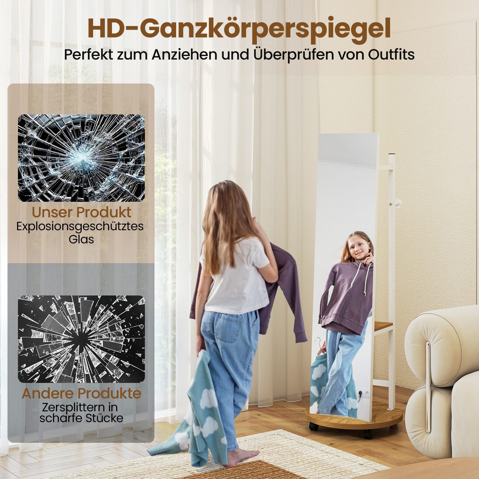 COSTWAY Kleiderständer, mit Ganzkörperspiegel 2in1, Standspigel, mit Ablage