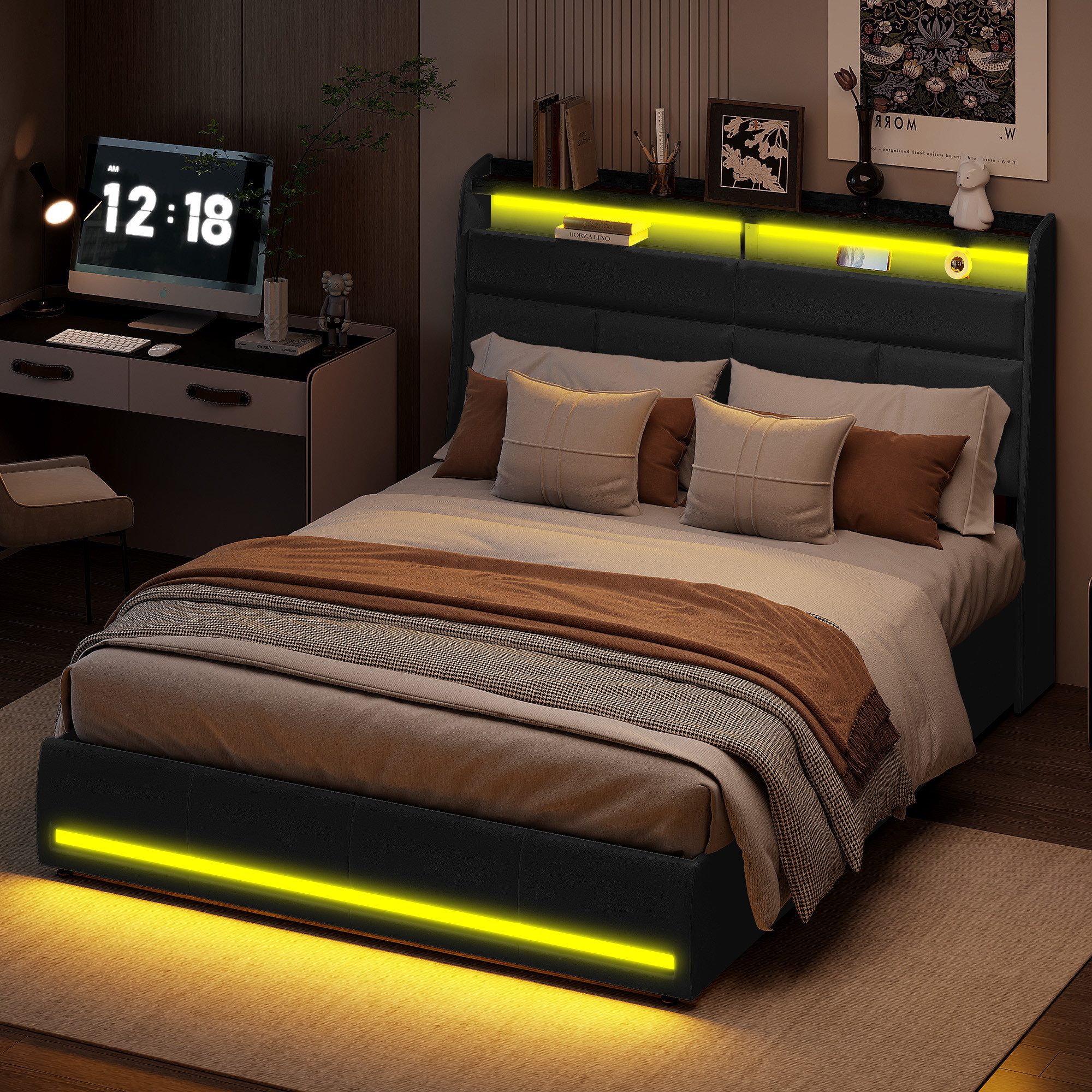 PXloue Stauraumbett Polsterbett Doppelbett, mit LED-Beleuchtung günstig online kaufen