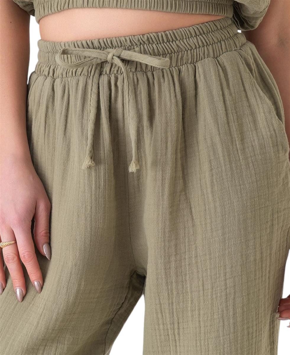 WENOR Stoffhose Damen Musselin 100% Baumwolle Tapered Sommerhose Knöchellänge, elastischer Bund, lässiger Style