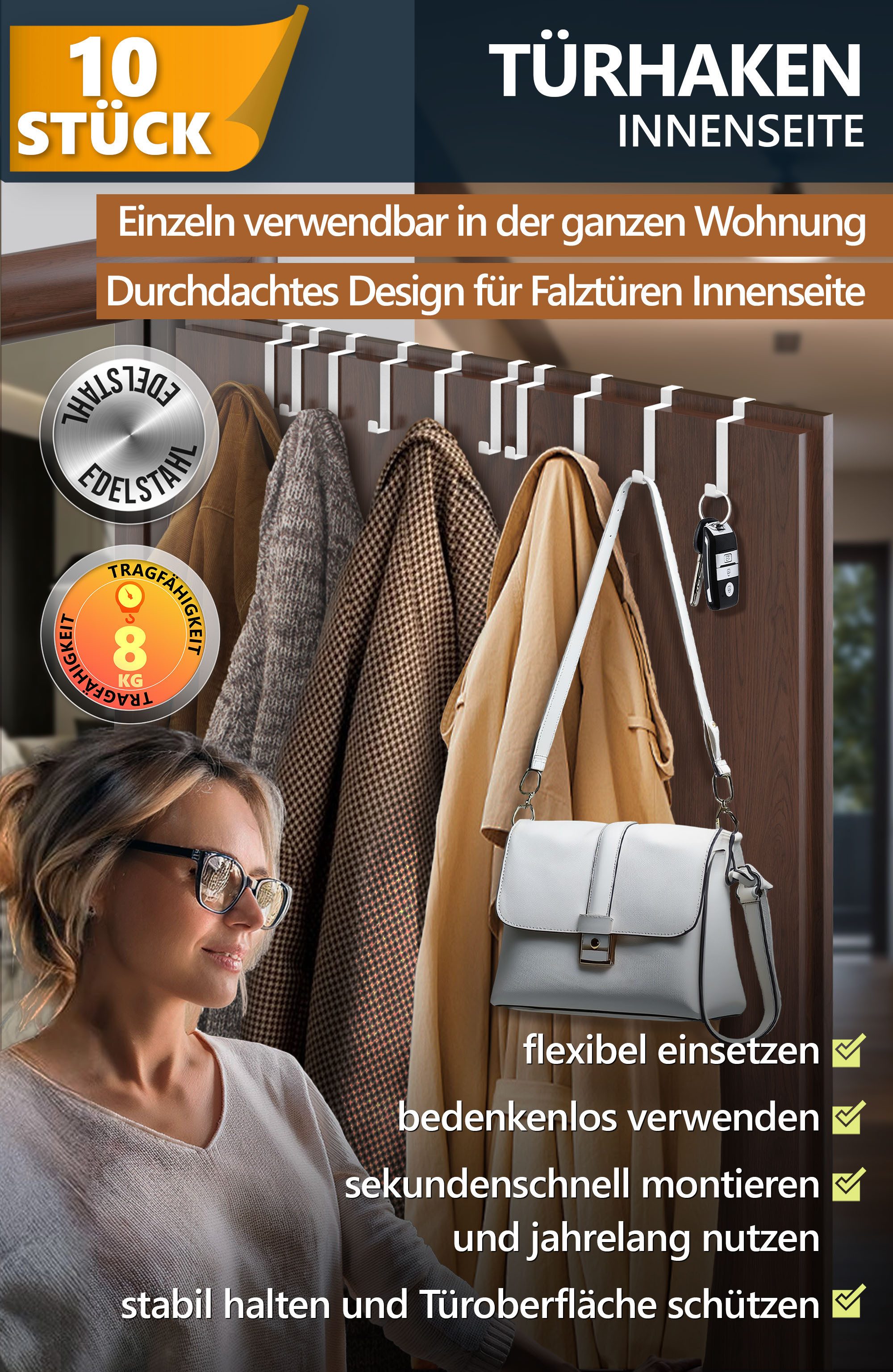 Lindenstein Türhaken Türgarderobe zum Einhängen, Türen, (Packung, 10-St., 10), ohne Bohren,Stabil,langlebig,rostbeständig,verformungsresistent – Bild 2 von 5