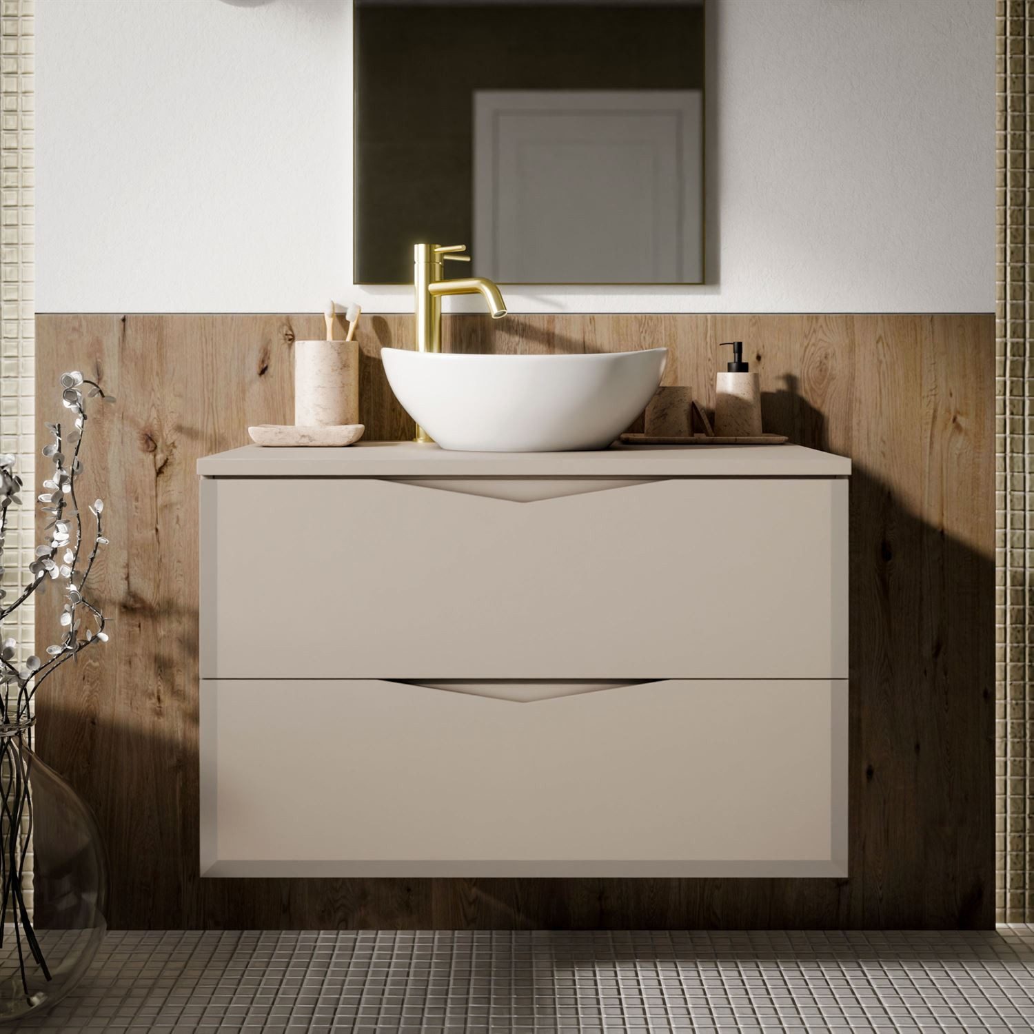 Lookway Badmöbel-Set MIRA I 60 cm mit Aufsatzwaschbecken und Soft-Close-Schublade, (Badezimmerschrank mit wählbarem, Becken und Armatur), mit Soft-Close-System