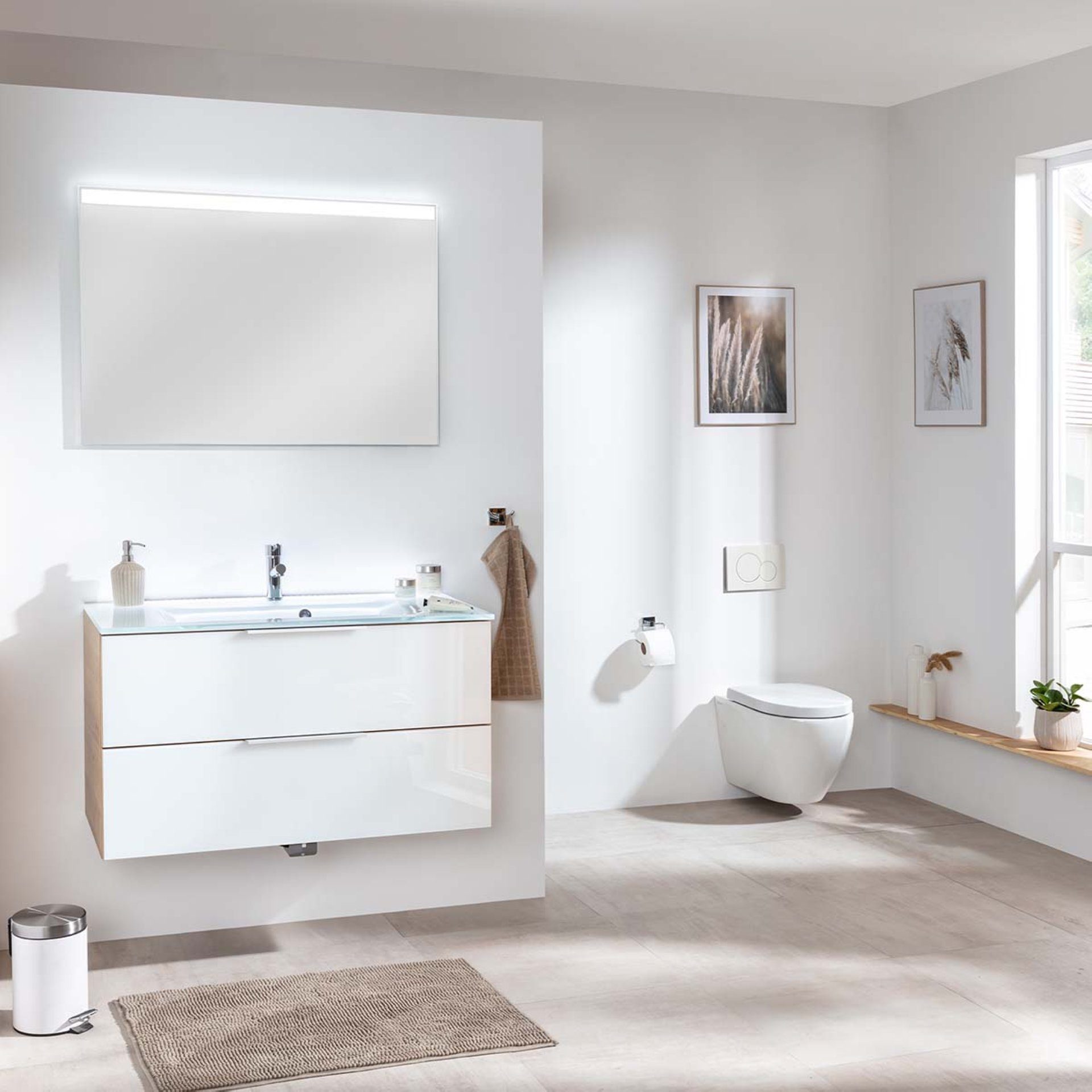 FACKELMANN Badmöbel-Set B. BRILLANT Badmöbel Set 3-teilig 100 cm, Glas Weiß + LED-Spiegel