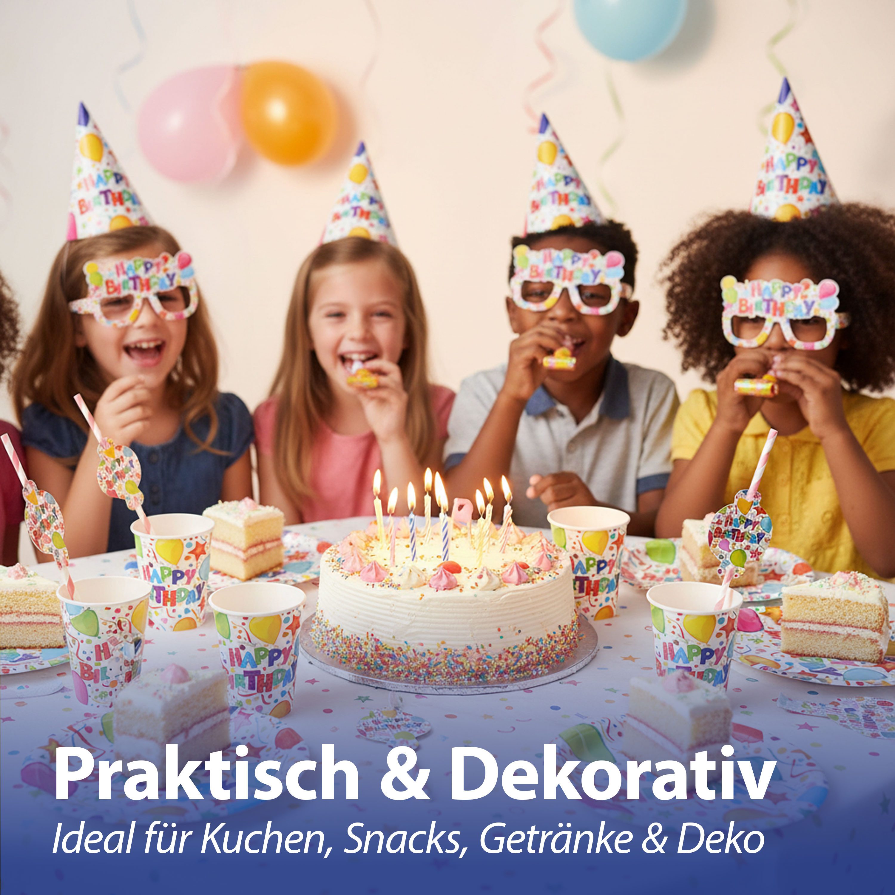 CEPEWA Einweggeschirr-Set PartySet Happy Birthday 36tlg Becher Teller Strohhalm Brille Hut Tröte – Bild 5 von 5