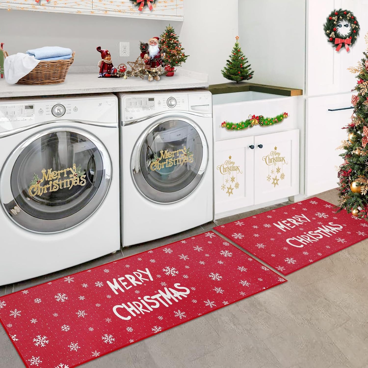GarveeMore Fußmatte Weihnachts Sets,Weihnachts Küchenmatte Frohe Weihnachten, Schneeflocke 2-teilig rutschfeste Läufer Teppich-Set,40x60,40x120CM – Bild 2 von 2