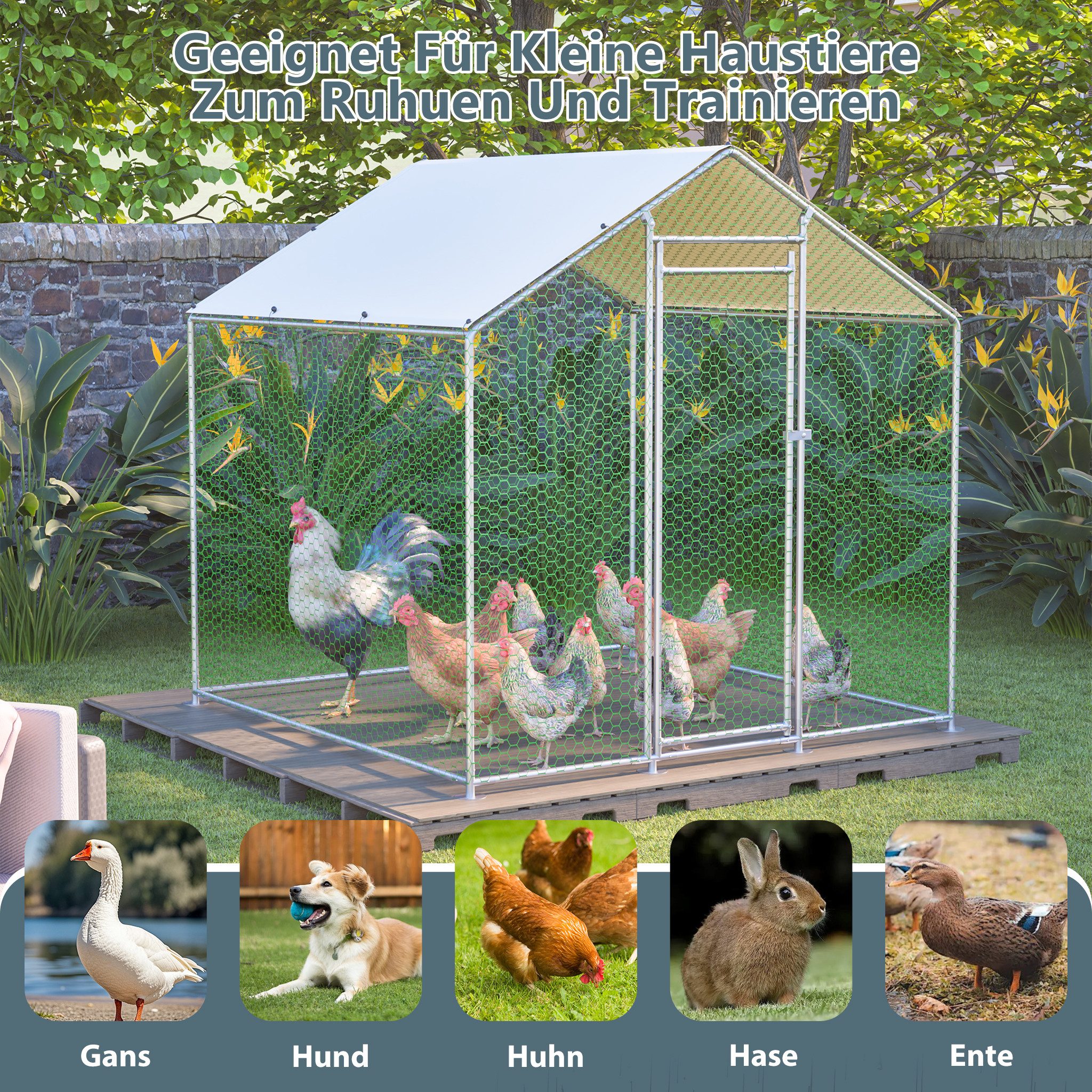 FANNOU Hühnerstall mit Sicherheitsschloss und Wasserdichtes PE-Tuch, 2x2x2m, Freilaufgehege aus Metall für Hühner, Kaninchen und weitere Kleintiere