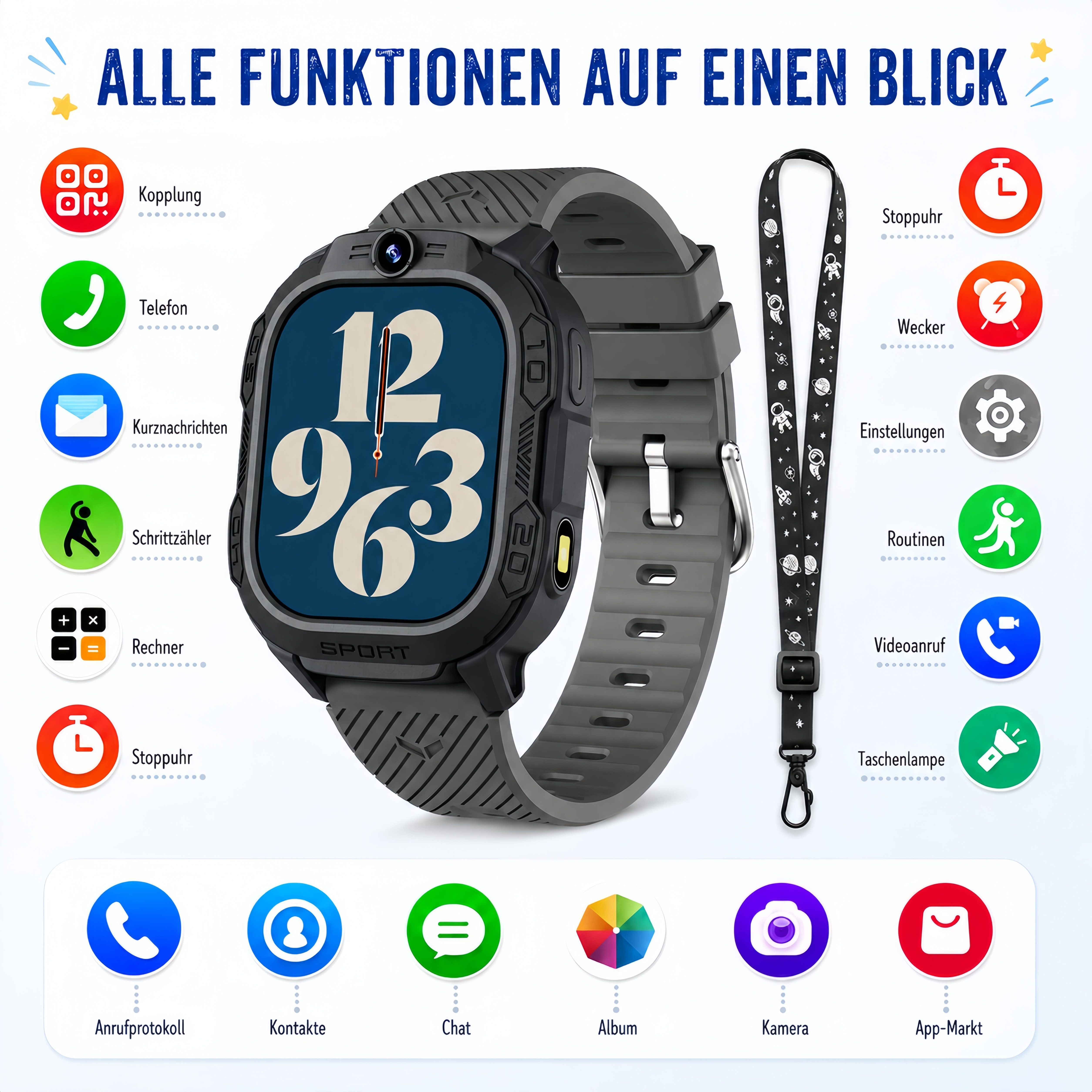 ibettertec Kinderuhr Kinder Smartwatch 4G GPS Uhr mit Telefon, Kamera, SOS Smartwatch (20 cm) Taschenlampe & Trageband, Kinderuhr mit Touchscreen, Anruf, Videoanruf, Schrittzähler, Wecker