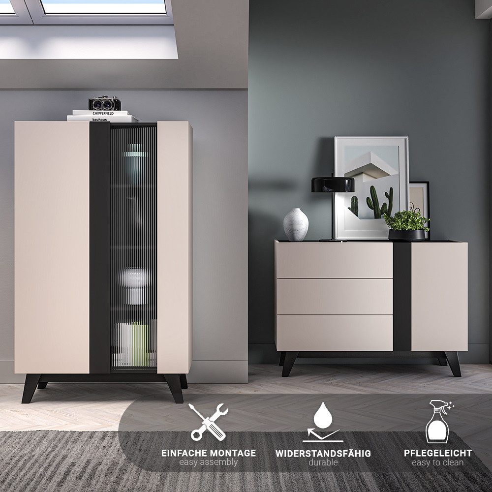 Lomadox Highboard FRIONA-131, kaschmir schwarz Möbelfüße modern 95 cm breit 2-türig