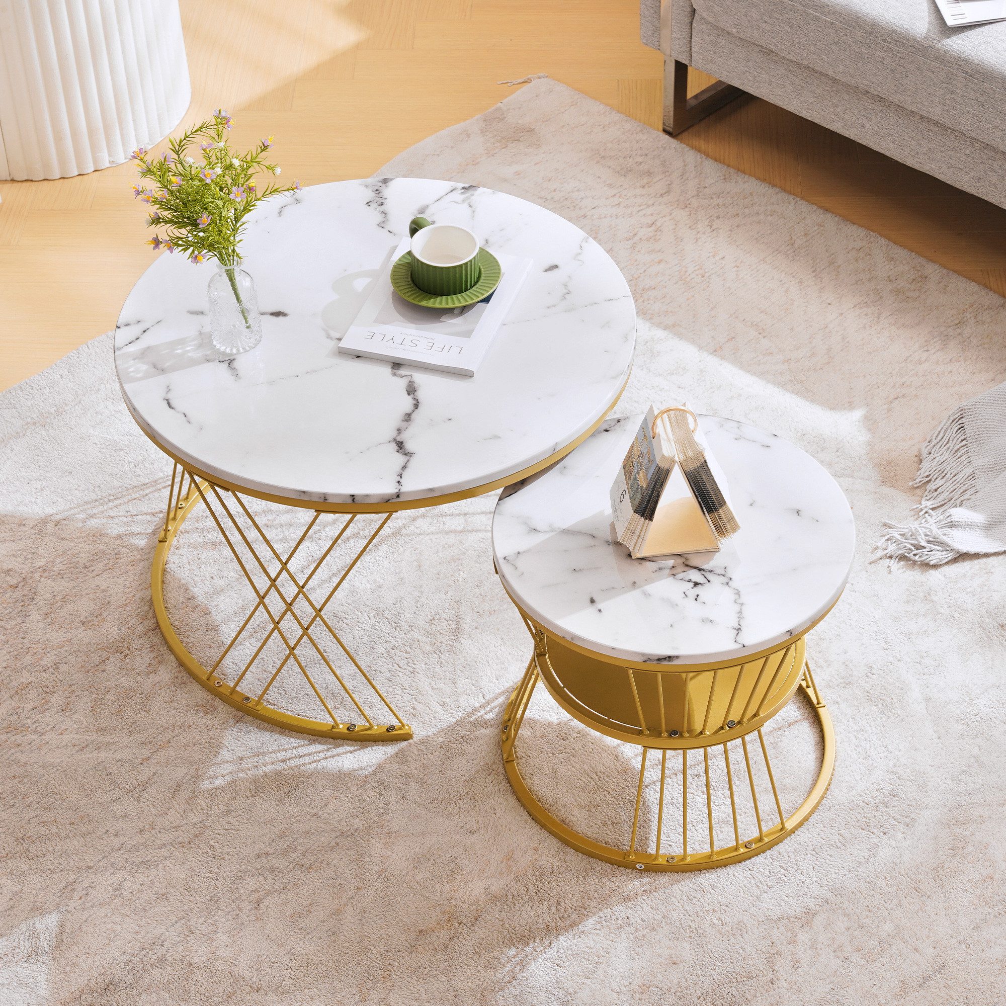 MODFU Couchtisch Hochglanz mit Metallrahmen Couchtisch und 2er Set (Marmor Furnier Sofa Seite Nest von Tischen Runde Endtische), Wohnzimmertisch